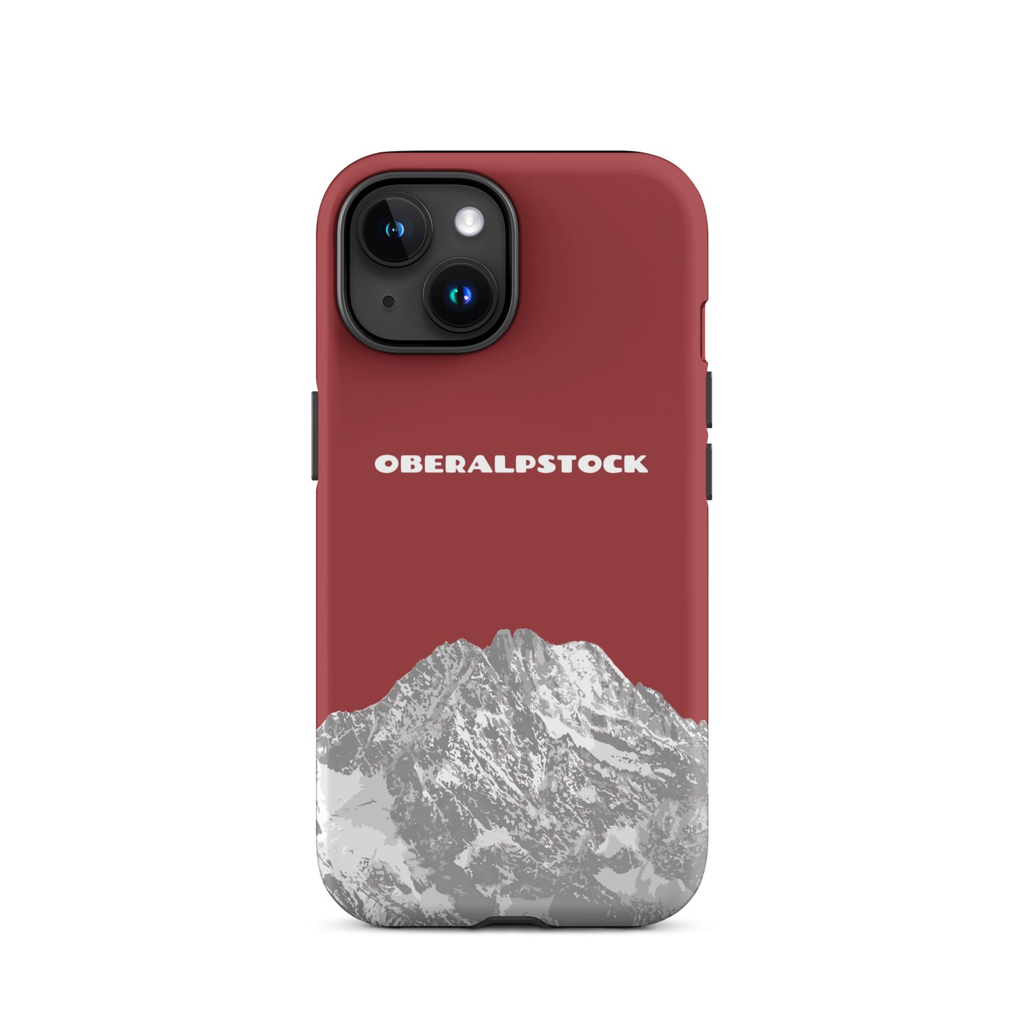 Hülle für das iPhone 15 von Apple in der Farbe Rot, dass den Oberalpstock in Graubünden zeigt.