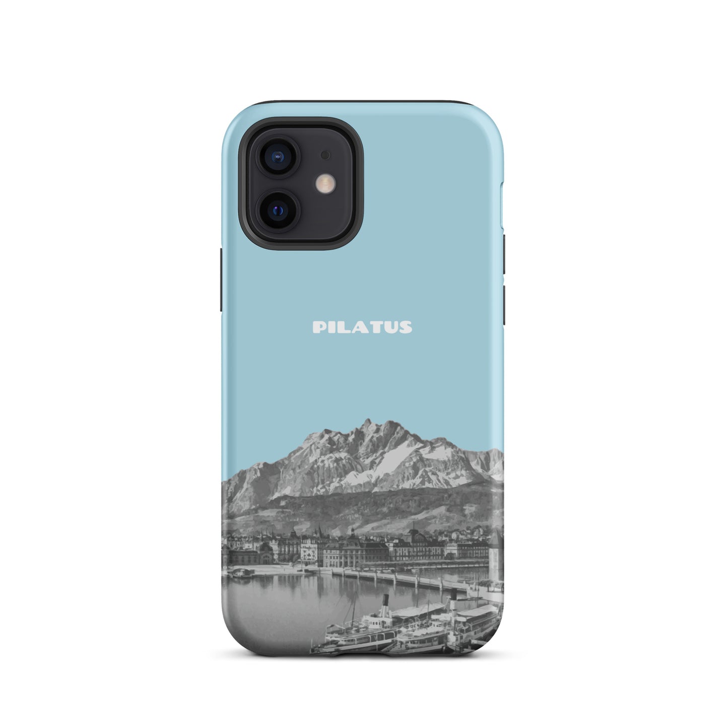 Hellblaue iPhone 12 Hülle mit Pilatus-Design, schützende Silikonhülle für Apple iPhone 12.