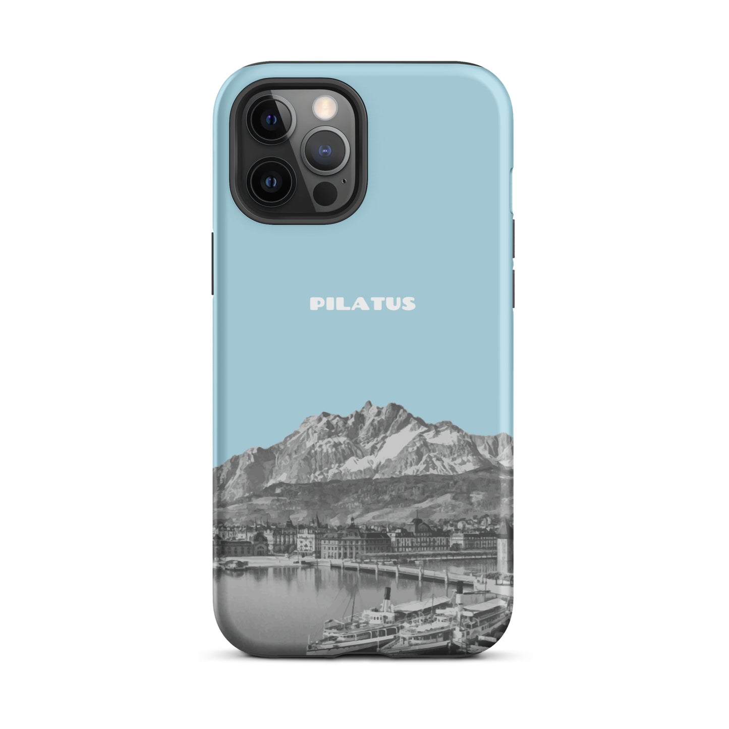 Hellblaue iPhone 12 Pro Max Hülle mit Pilatus-Motiv aus robustem Kunststoff.