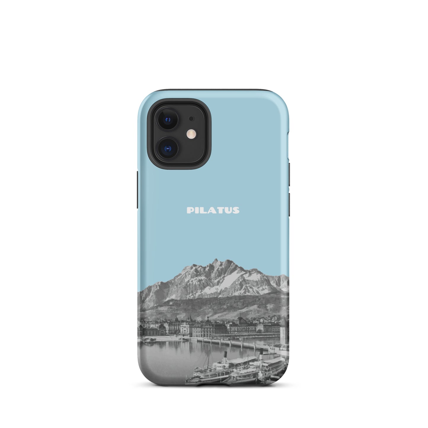 Hellblaue iPhone 12 mini Handyhülle mit Pilatus-Design aus robustem Kunststoff.