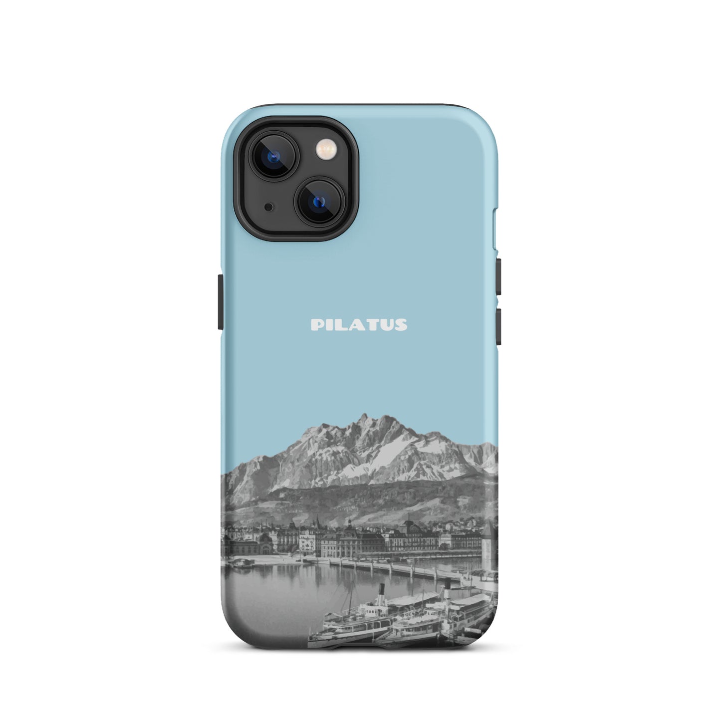 Hellblaue iPhone 13 Hülle mit Pilatus-Design, schützende Silikonhülle für Apple iPhone 13, rutschfest und stoßfest.