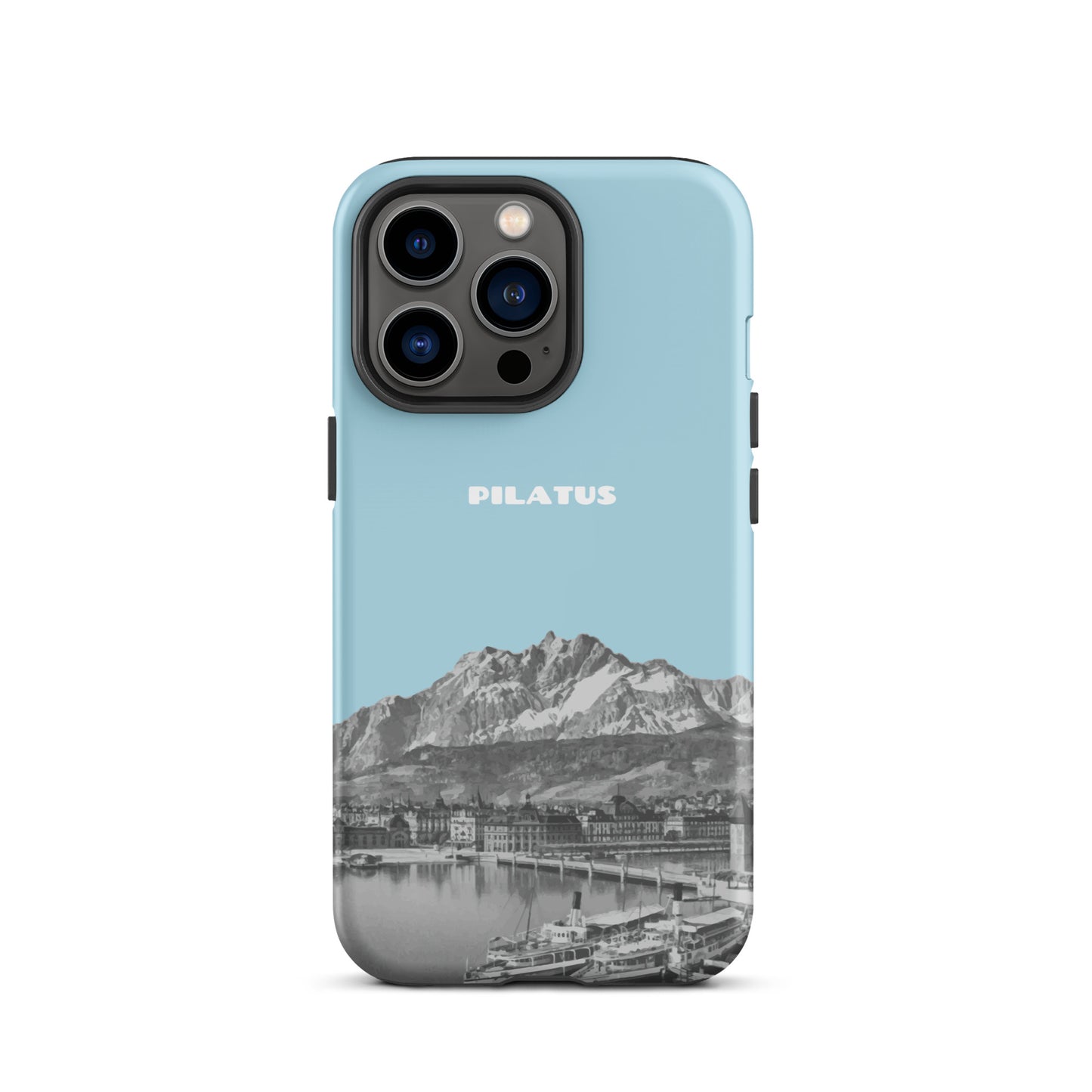 iPhone 13 Pro Hülle in Hellblau mit Pilatus-Motiv, stoßfestes Silikon, präzise Aussparungen.