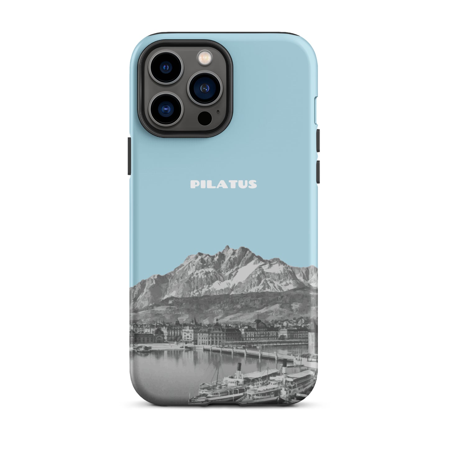 Hellblaue iPhone 13 Pro Max Hülle mit Pilatus-Motiv, stoßfest und schlank.