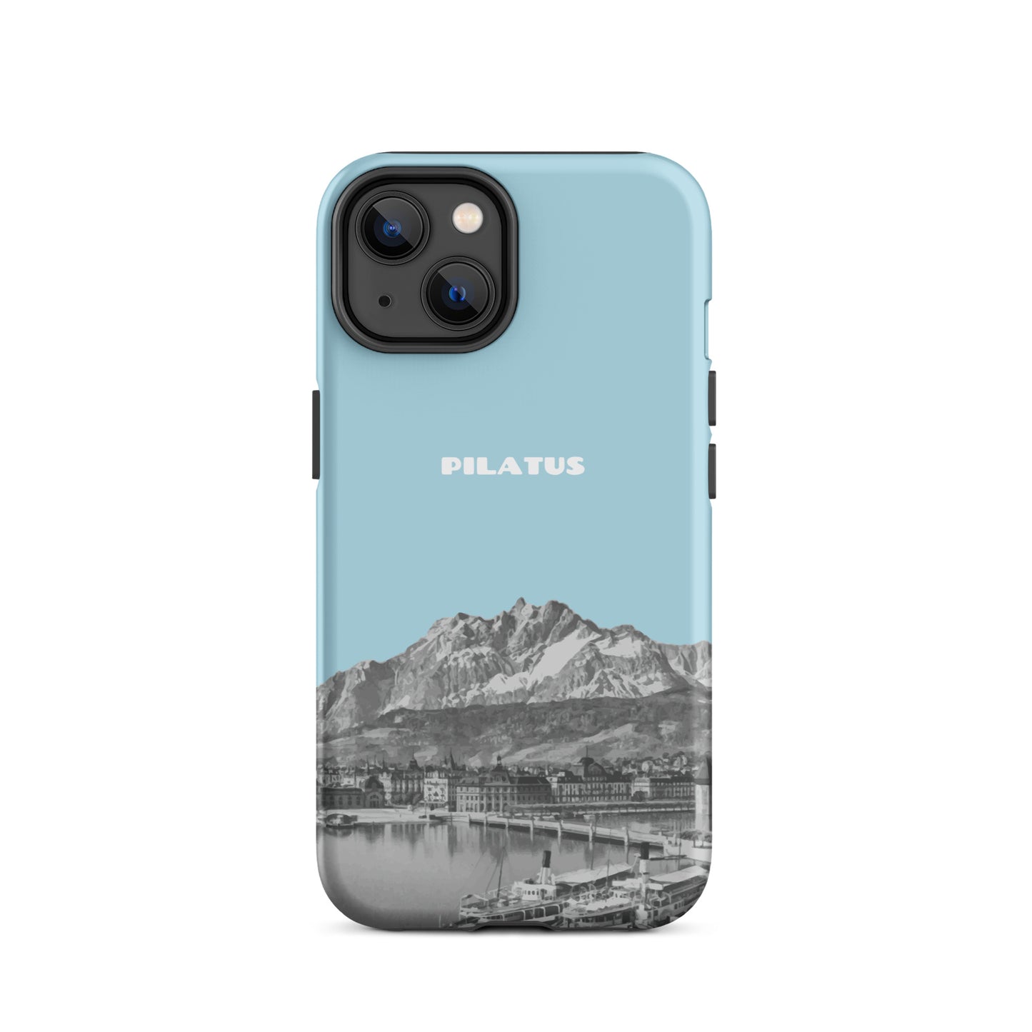 Hellblaue iPhone 14 Handyhülle mit Pilatus Design, stoßfestes Silikonmaterial, präzise Aussparungen.
