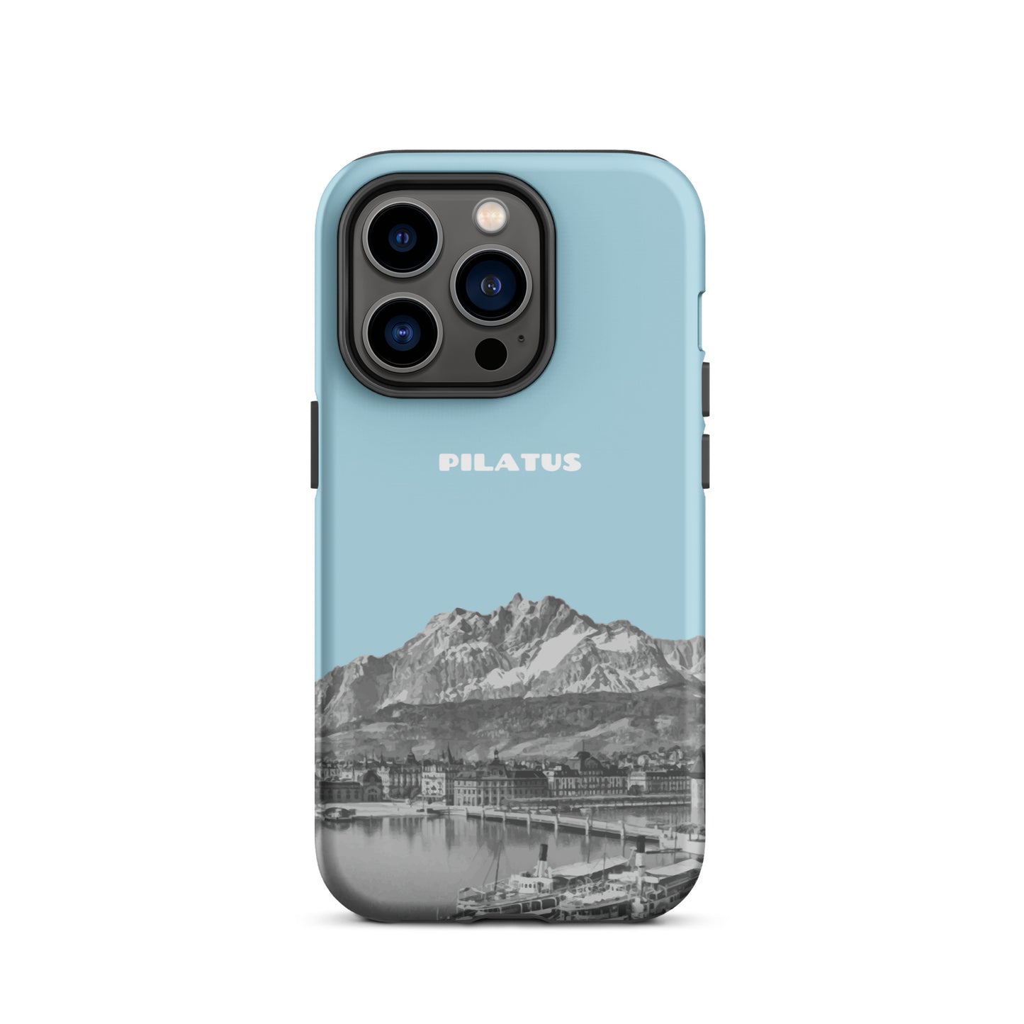 Hellblaue iPhone 14 Pro Handyhülle mit Pilatus-Design, robust und stylisch