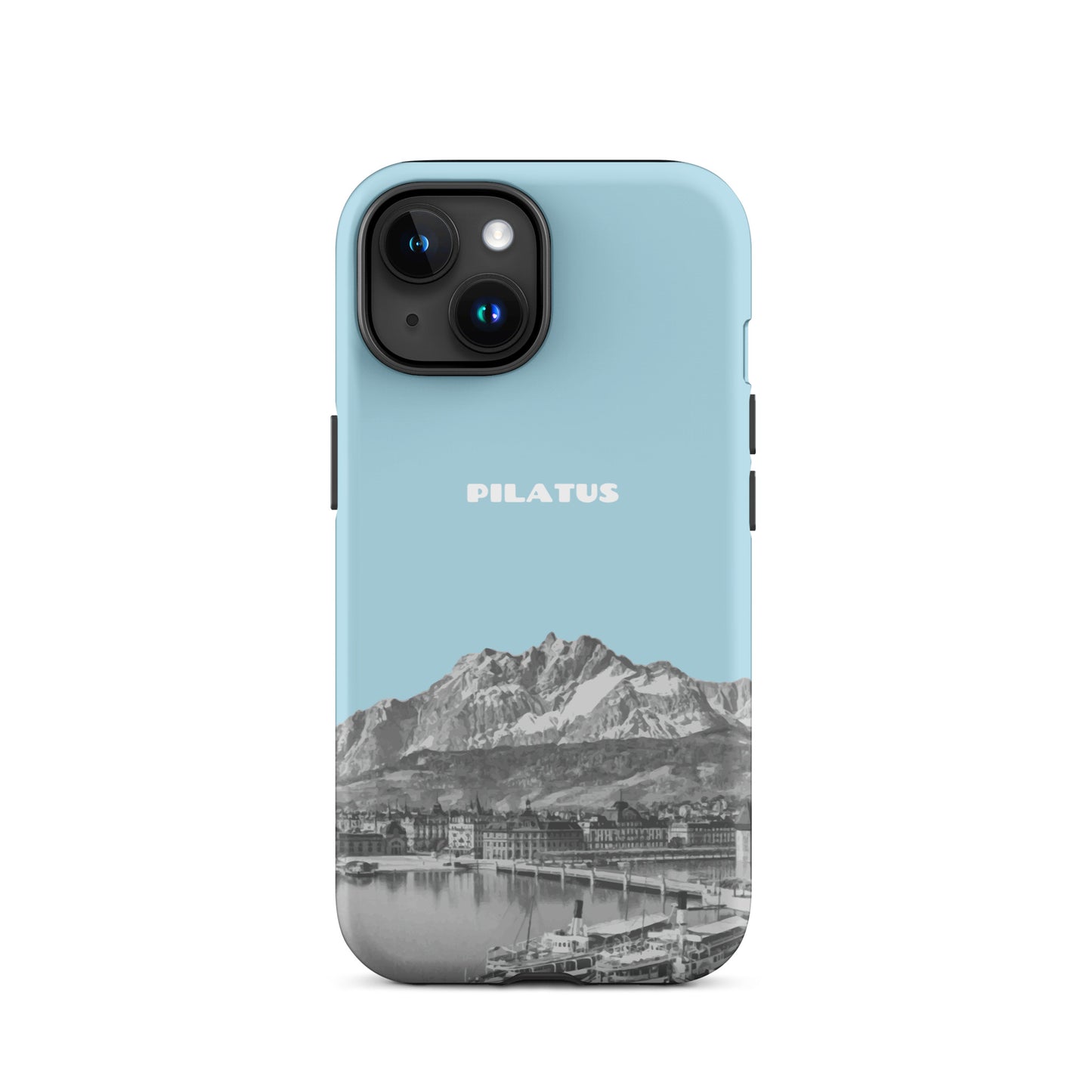 iPhone 15 Hülle in Hellblau mit Pilatus Motiv, schützende Silikonhülle