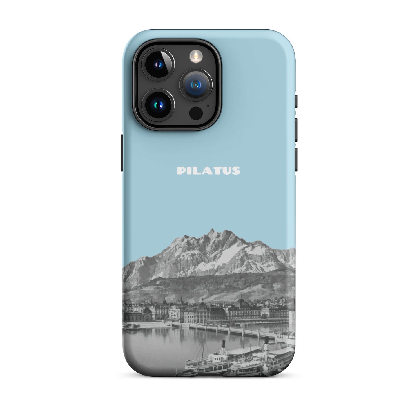 Hellblaue iPhone 15 Pro Max Handyhülle mit Pilatus-Motiv, schützende Silikonhülle.