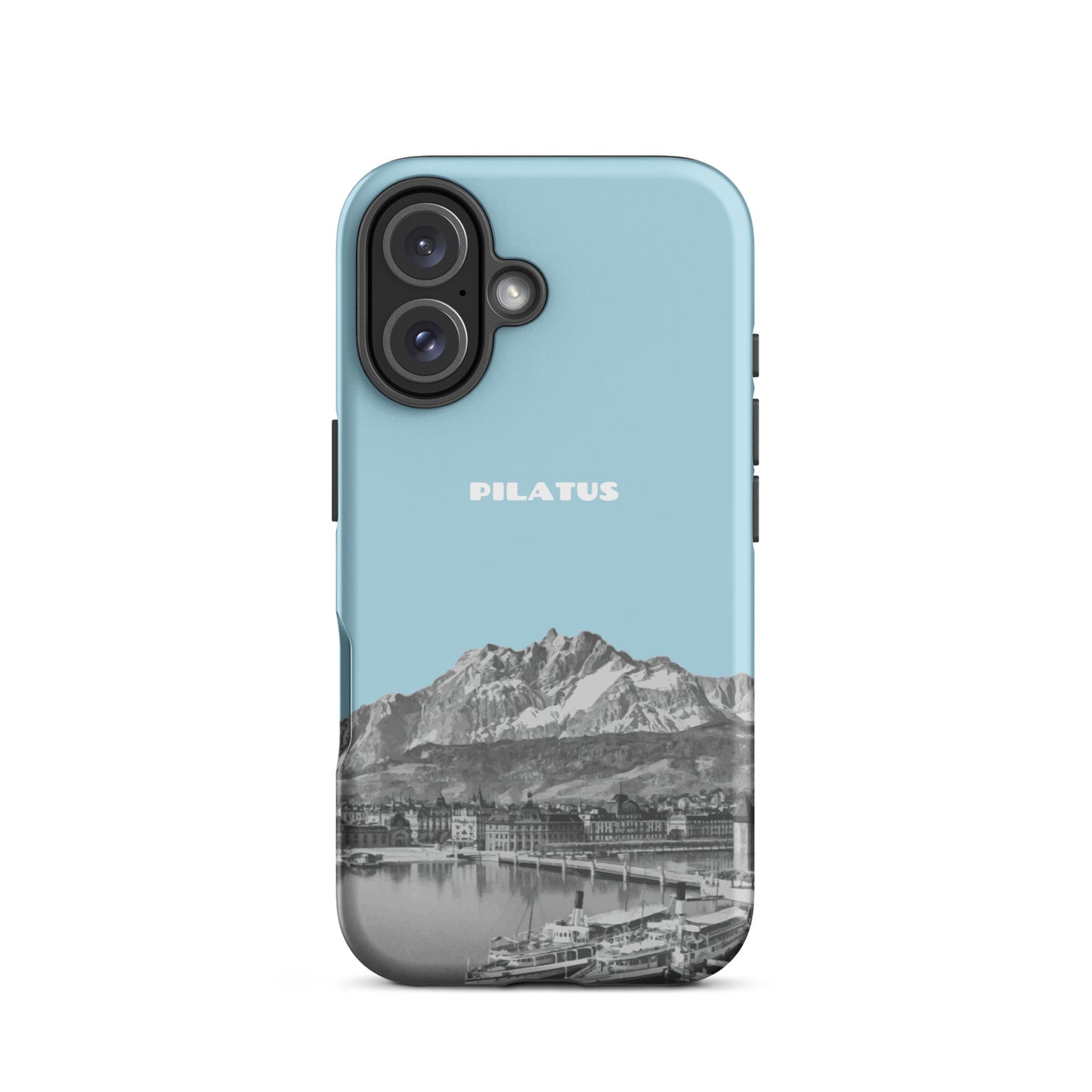 Hellblaue iPhone 16 Handyhülle mit Pilatus-Motiv, stoßfestes Silikon