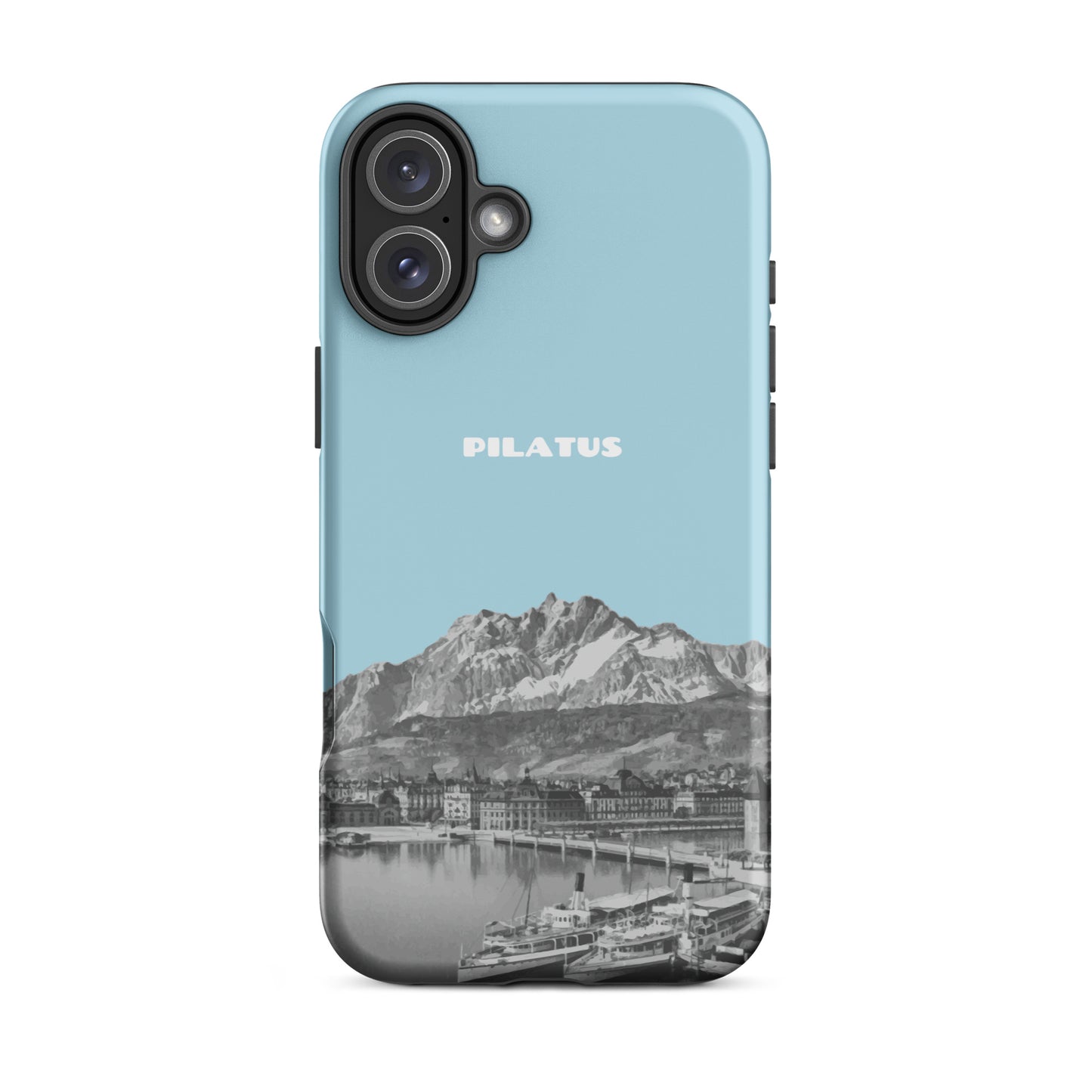 Hellblaue iPhone 16 Plus Hülle mit Pilatus-Motiv aus robustem Silikon