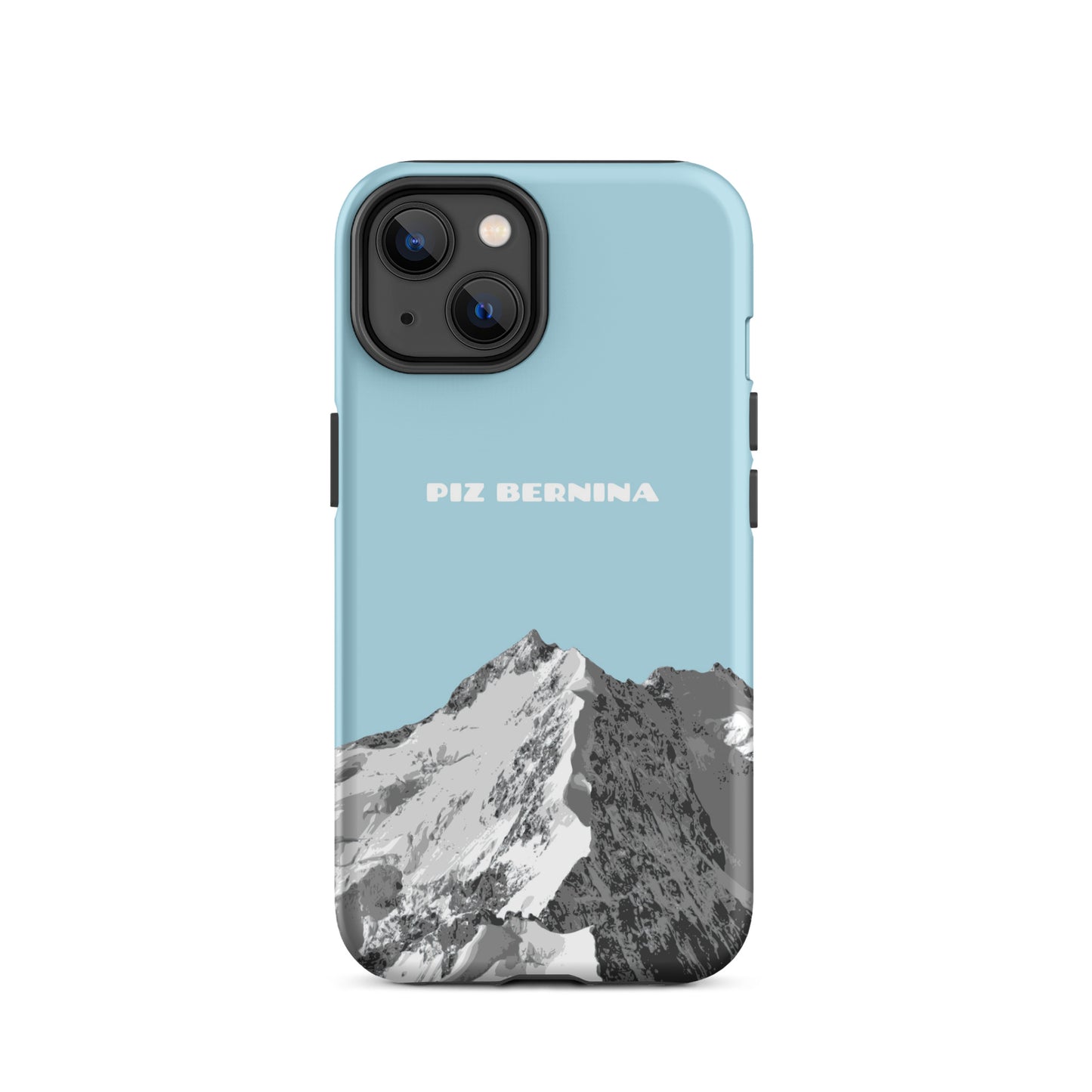 iPhone 14 Hülle in Hellblau mit Piz Bernina Motiv aus Graubünden.