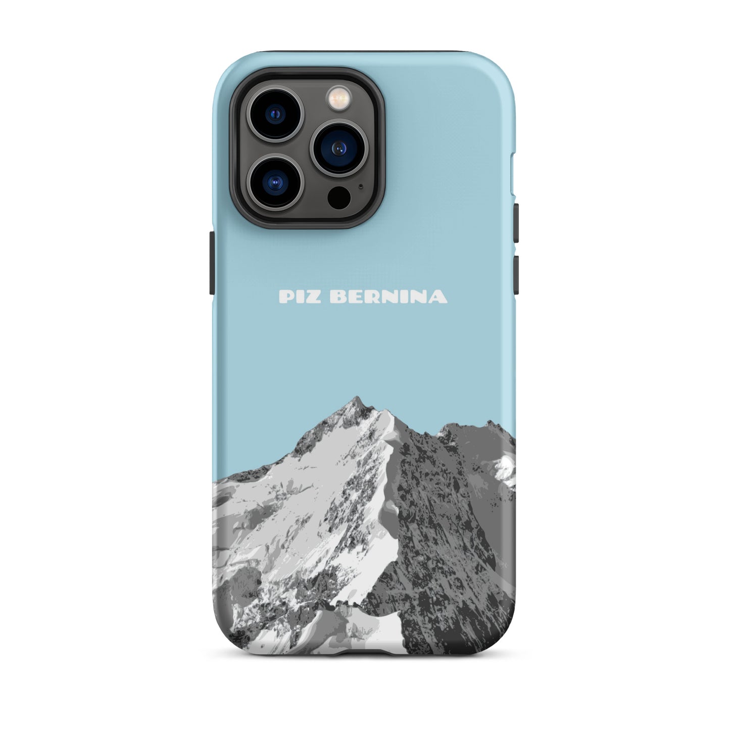 iPhone 14 Pro Max Hülle in Hellblau mit Piz Bernina Motiv aus Graubünden.