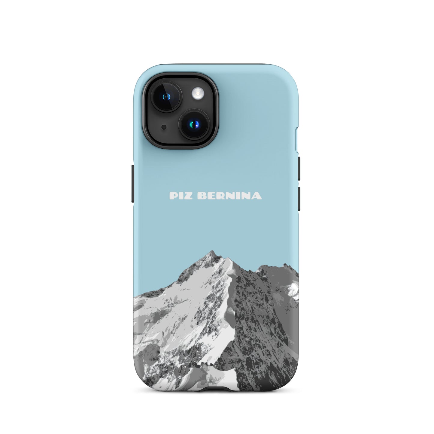 Hellblaue iPhone 15 Hülle mit Piz Bernina Motiv aus Graubünden, Schweiz.