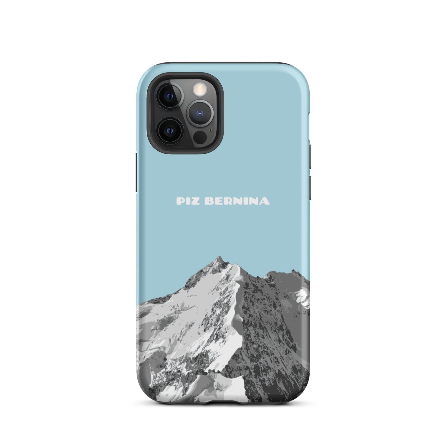 iPhone 12 Pro Hülle in Hellblau mit Piz Bernina Motiv, robustes Design, präzise Aussparungen.