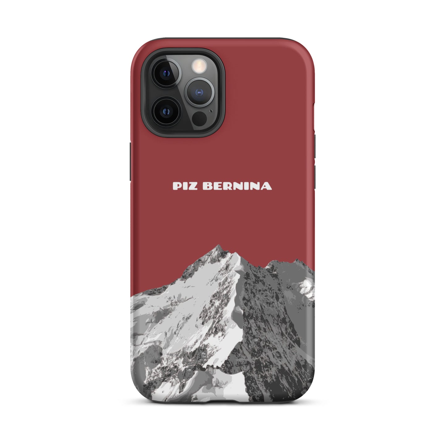 Rote iPhone 12 Pro Max Hülle mit Piz Bernina Motiv aus Graubünden, robustes Design.