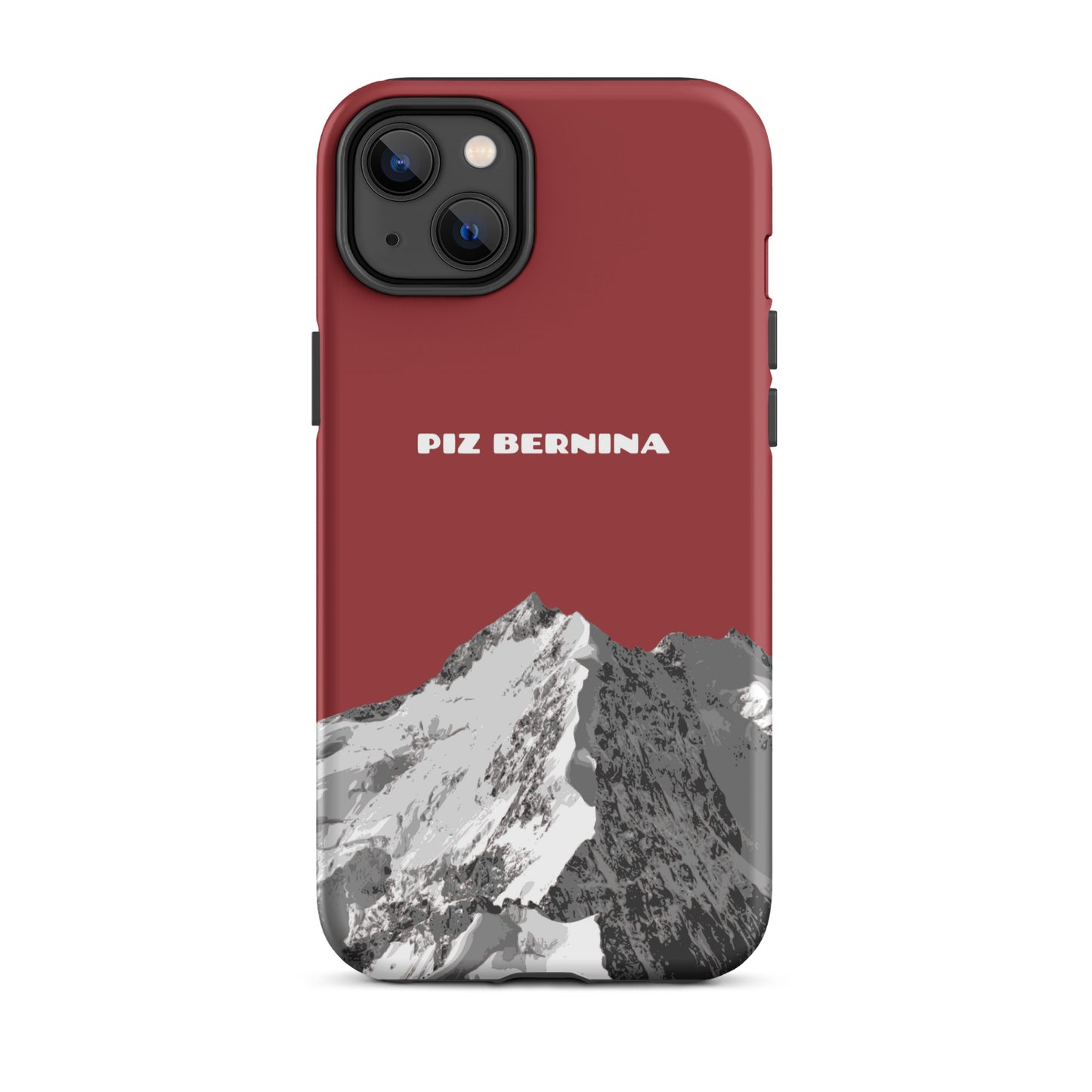 Rote iPhone 14 Plus Handyhülle mit Piz Bernina Motiv aus Graubünden, robustes Design.