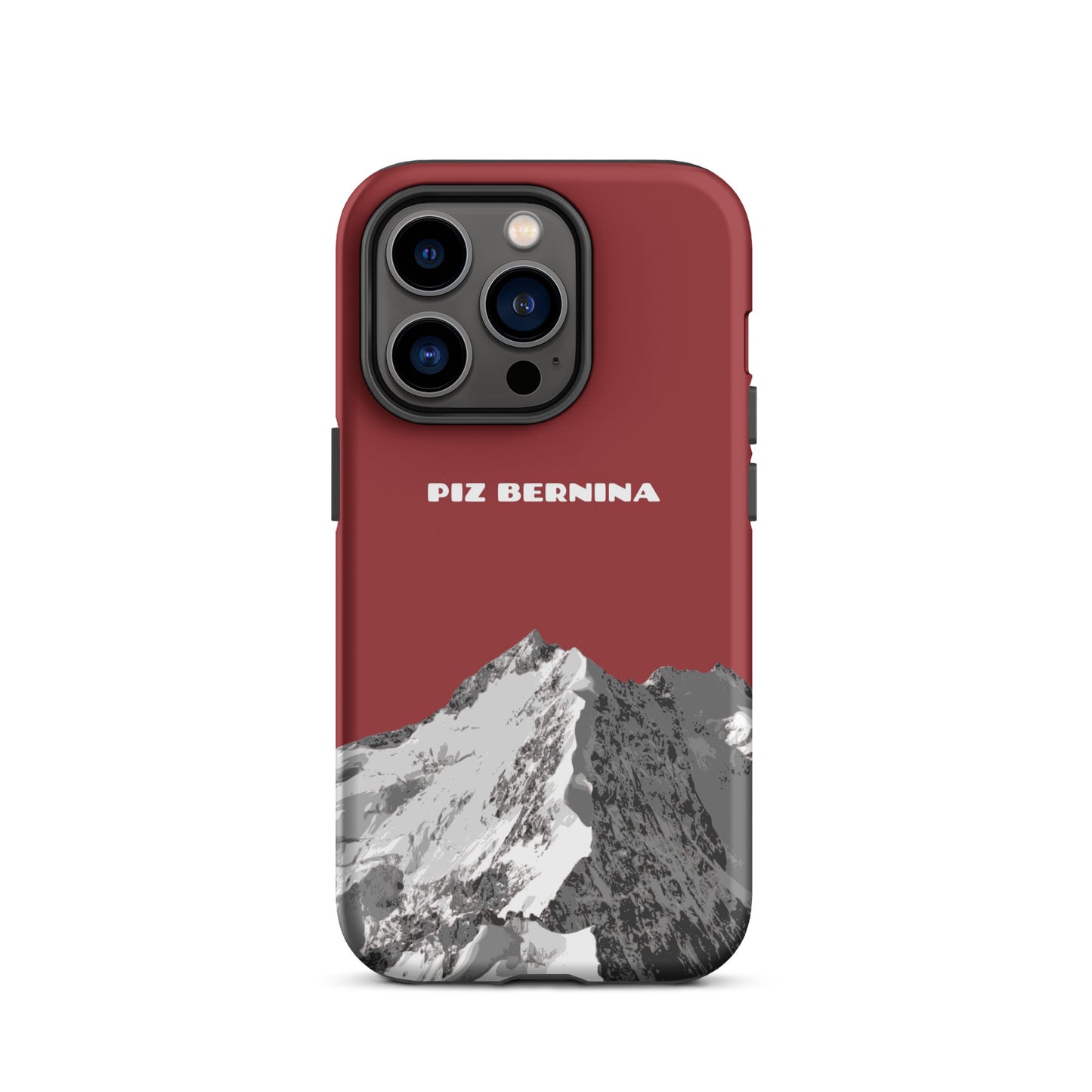 Rote iPhone 14 Pro Handyhülle mit Piz Bernina Motiv aus Graubünden, robustes Design.