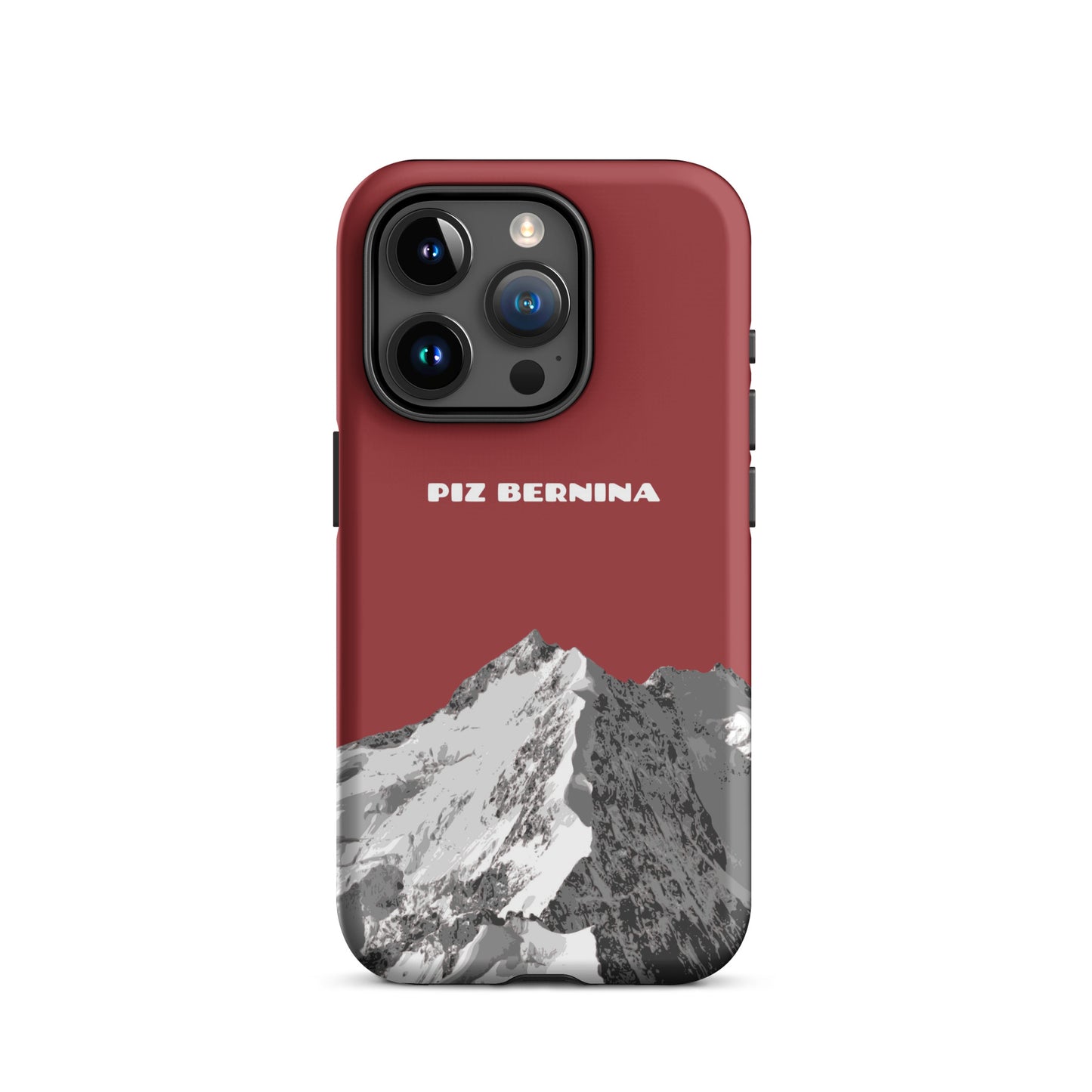 Rote iPhone 15 Pro Handyhülle mit Piz Bernina Motiv aus Graubünden.