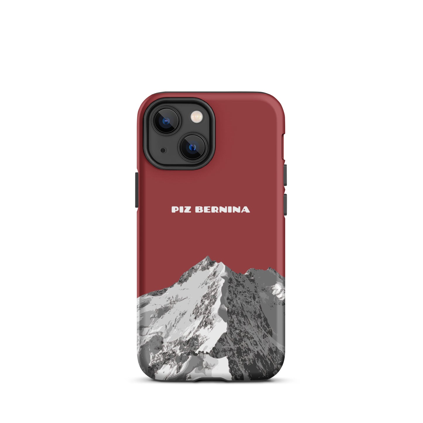 Rote iPhone 12 Mini Handyhülle aus Silikon mit Piz Bernina Motiv in Graubünden, Schweiz.