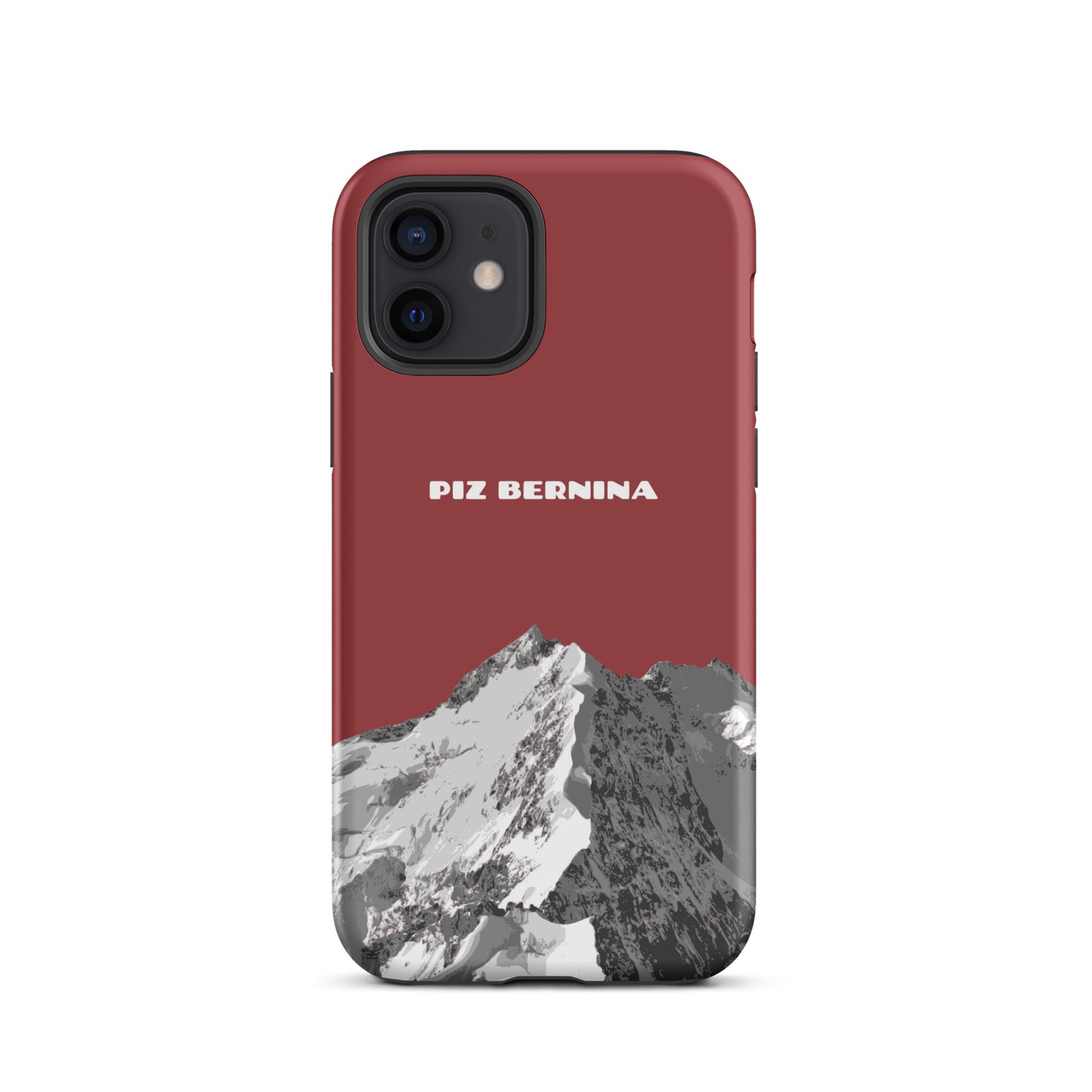 Rote iPhone 12 Hülle mit Piz Bernina Motiv aus Graubünden in hochwertigem Material.