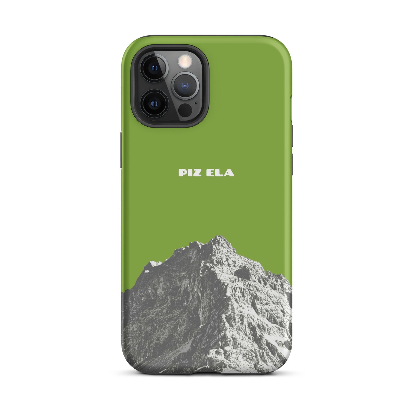 Hülle für das iPhone 12 Pro Max von Apple in der Farbe Gelbgrün, dass den Piz Ela in Graubünden zeigt.