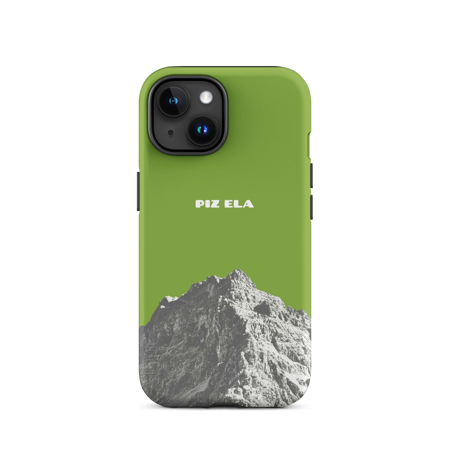 Hülle für das iPhone 15 von Apple in der Farbe Gelbgrün, dass den Piz Ela in Graubünden zeigt.