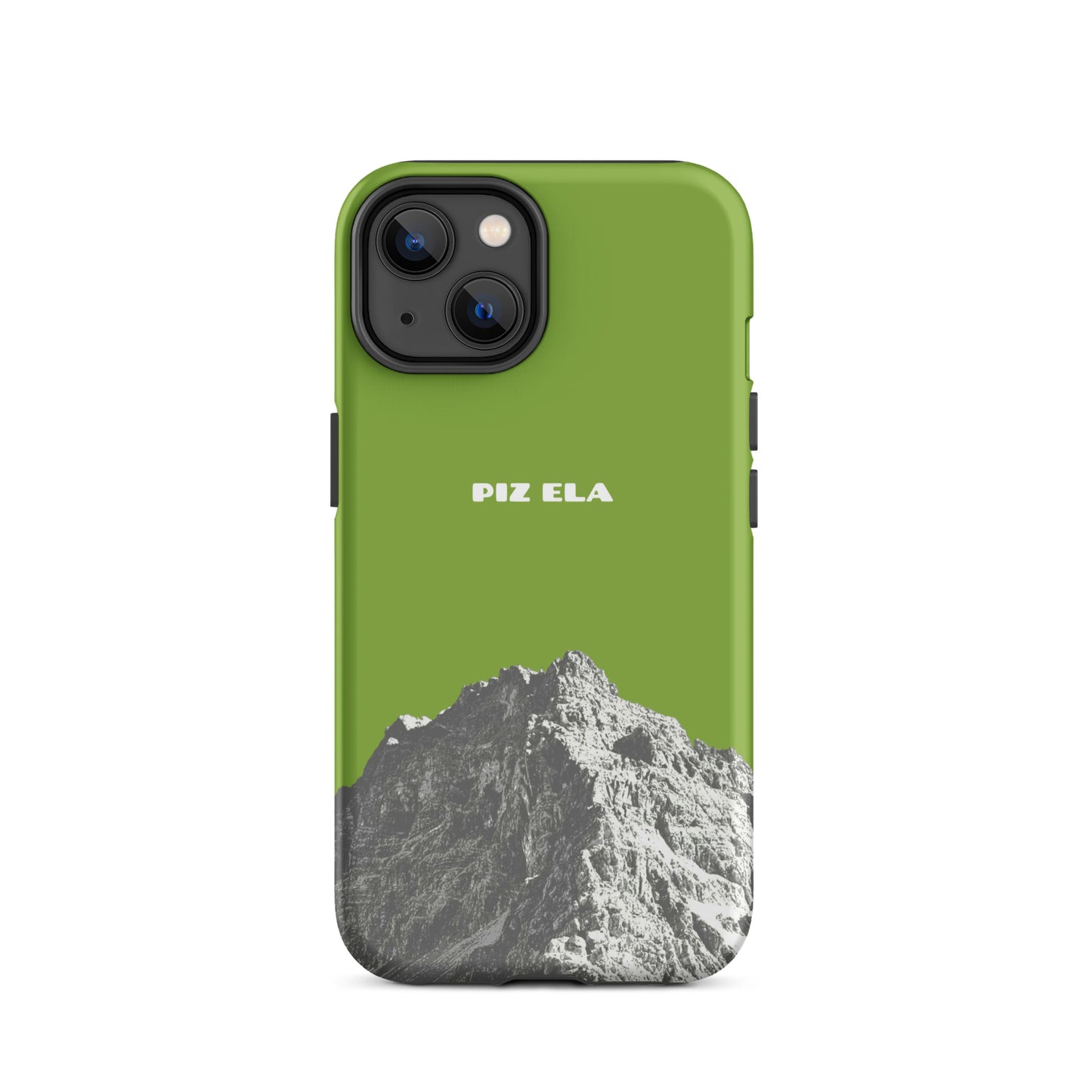 Hülle für das iPhone 14 von Apple in der Farbe Gelbgrün, dass den Piz Ela in Graubünden zeigt.