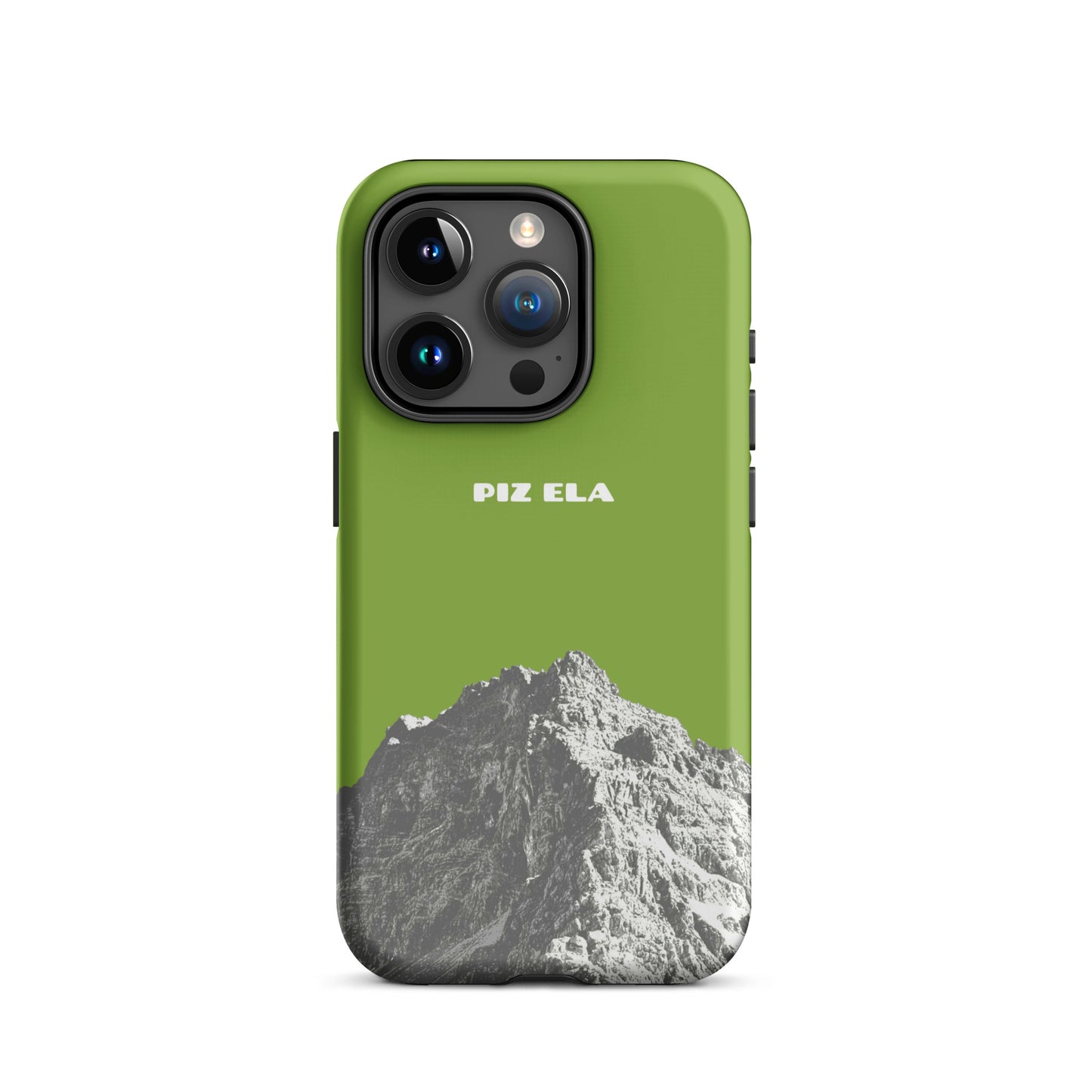 Hülle für das iPhone 15 Pro von Apple in der Farbe Gelbgrün, dass den Piz Ela in Graubünden zeigt.