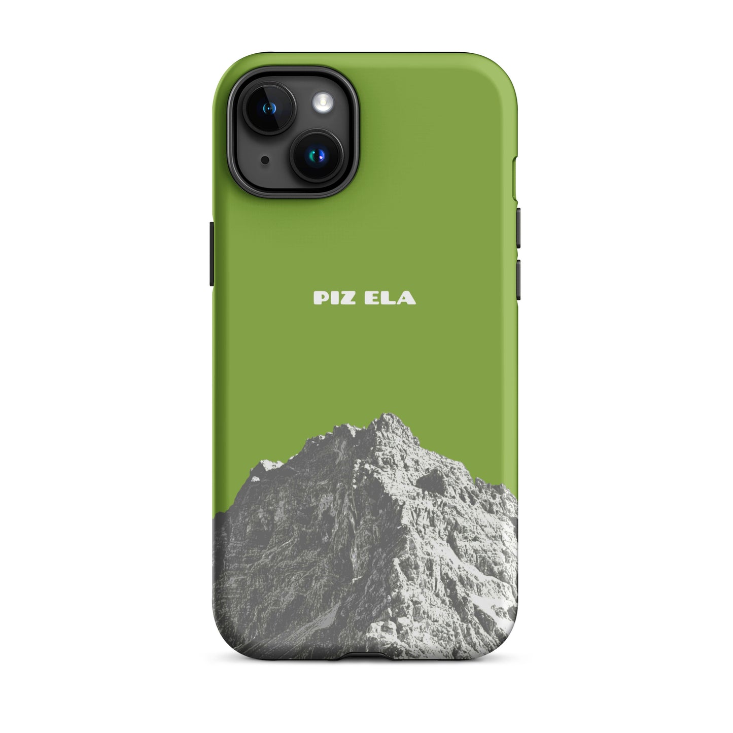 Hülle für das iPhone 15 Plus von Apple in der Farbe Gelbgrün, dass den Piz Ela in Graubünden zeigt.