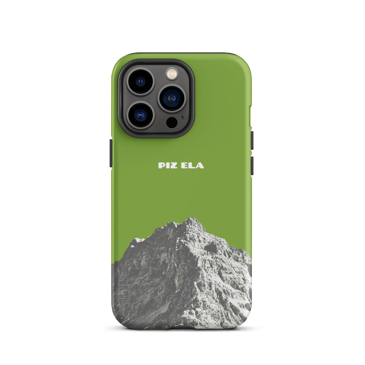 Hülle für das iPhone 13 Pro von Apple in der Farbe Gelbgrün, dass den Piz Ela in Graubünden zeigt.
