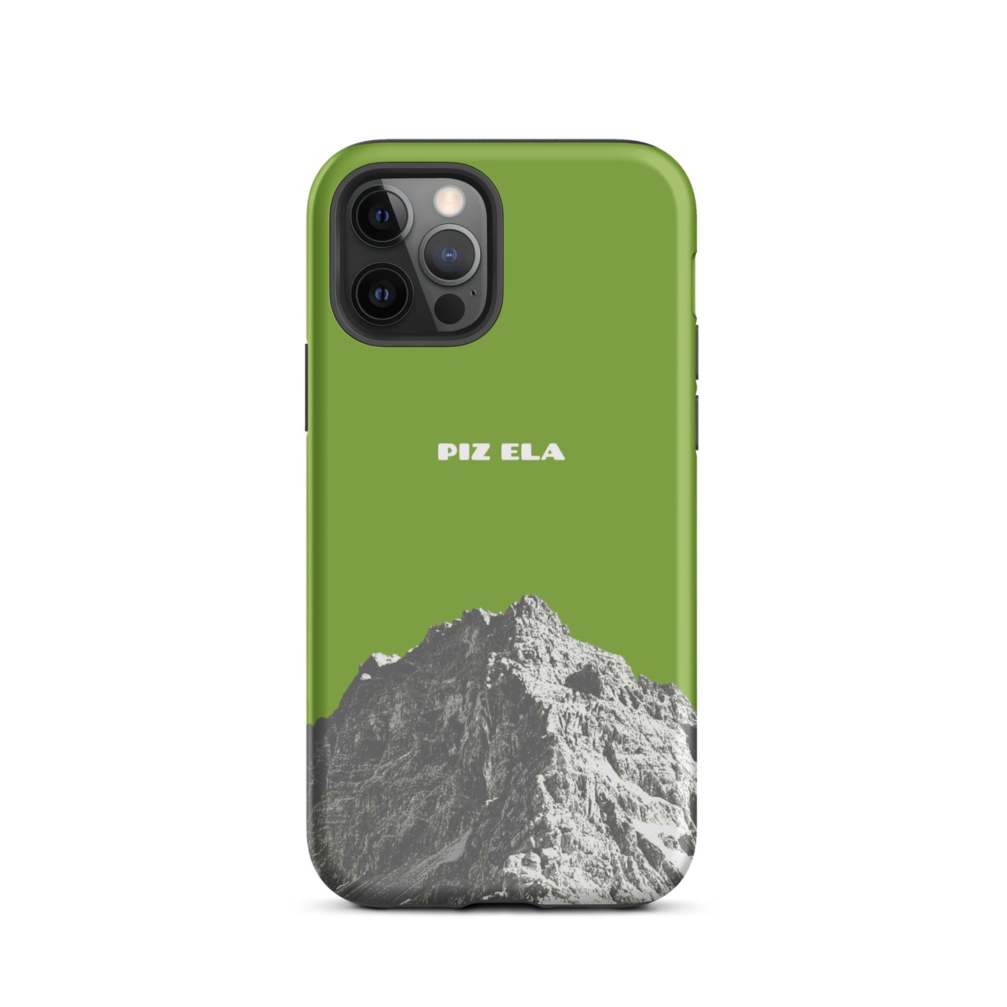 Hülle für das iPhone 12 Pro von Apple in der Farbe Gelbgrün, dass den Piz Ela in Graubünden zeigt.