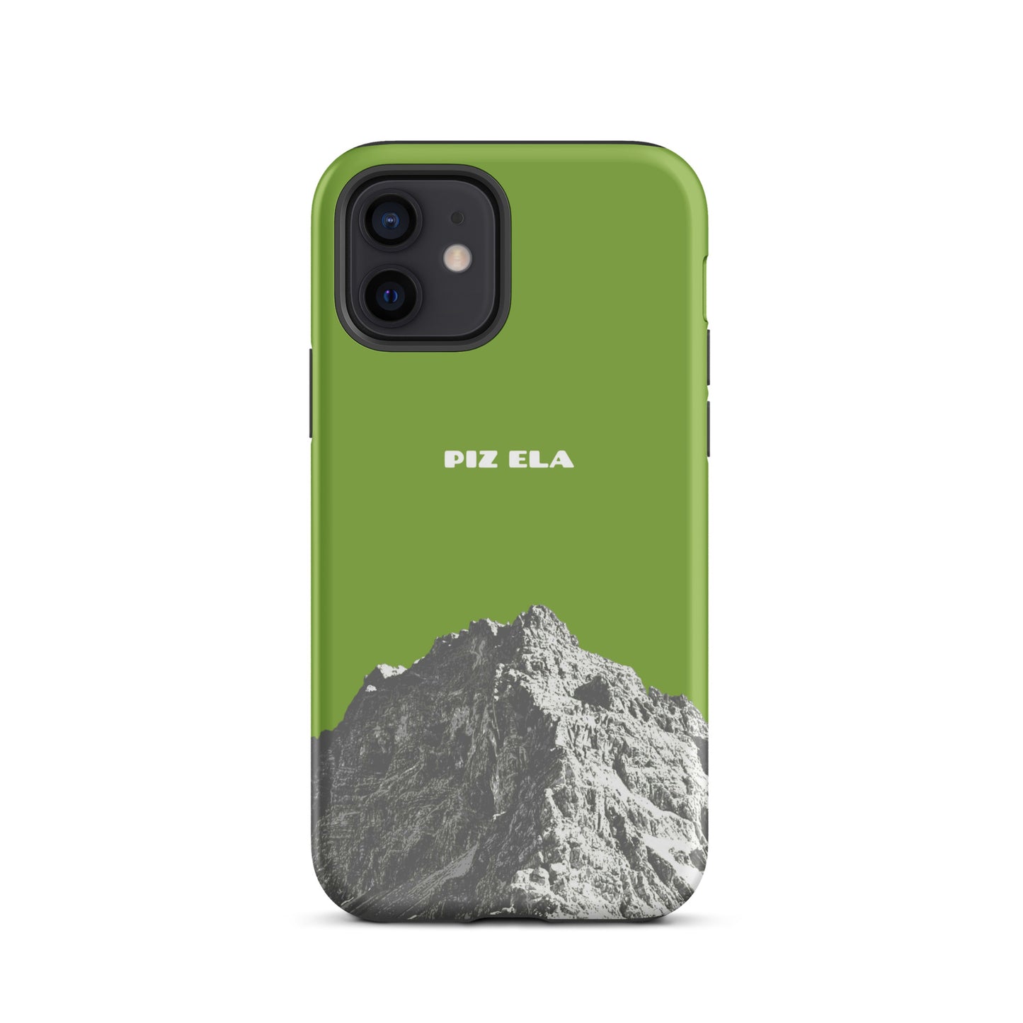 Hülle für das iPhone 12 von Apple in der Farbe Gelbgrün, dass den Piz Ela in Graubünden zeigt.