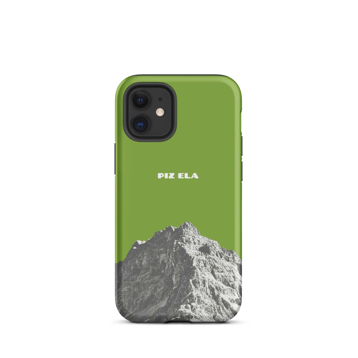 Hülle für das iPhone 12 mini von Apple in der Farbe Gelbgrün, dass den Piz Ela in Graubünden zeigt.