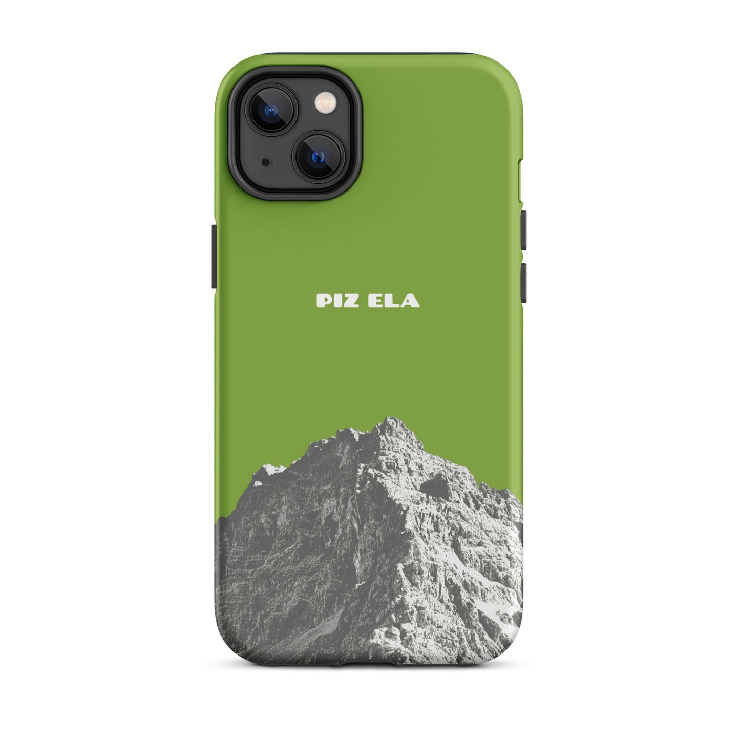 Hülle für das iPhone 14 Plus von Apple in der Farbe Gelbgrün, dass den Piz Ela in Graubünden zeigt.