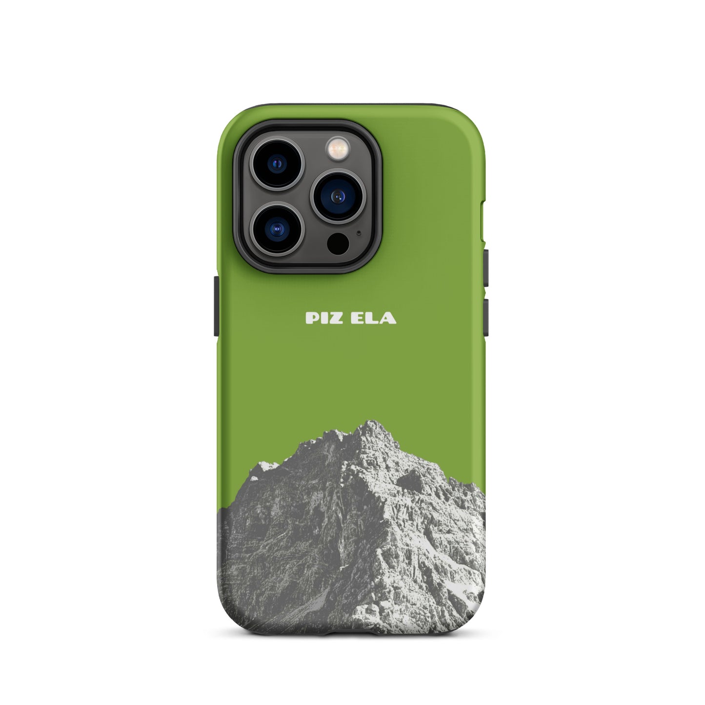 Hülle für das iPhone 14 Pro von Apple in der Farbe Gelbgrün, dass den Piz Ela in Graubünden zeigt.