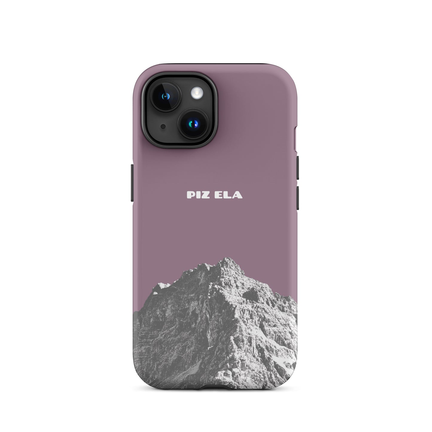 Hülle für das iPhone 15 von Apple in der Farbe Pastellviolett, dass den Piz Ela in Graubünden zeigt.