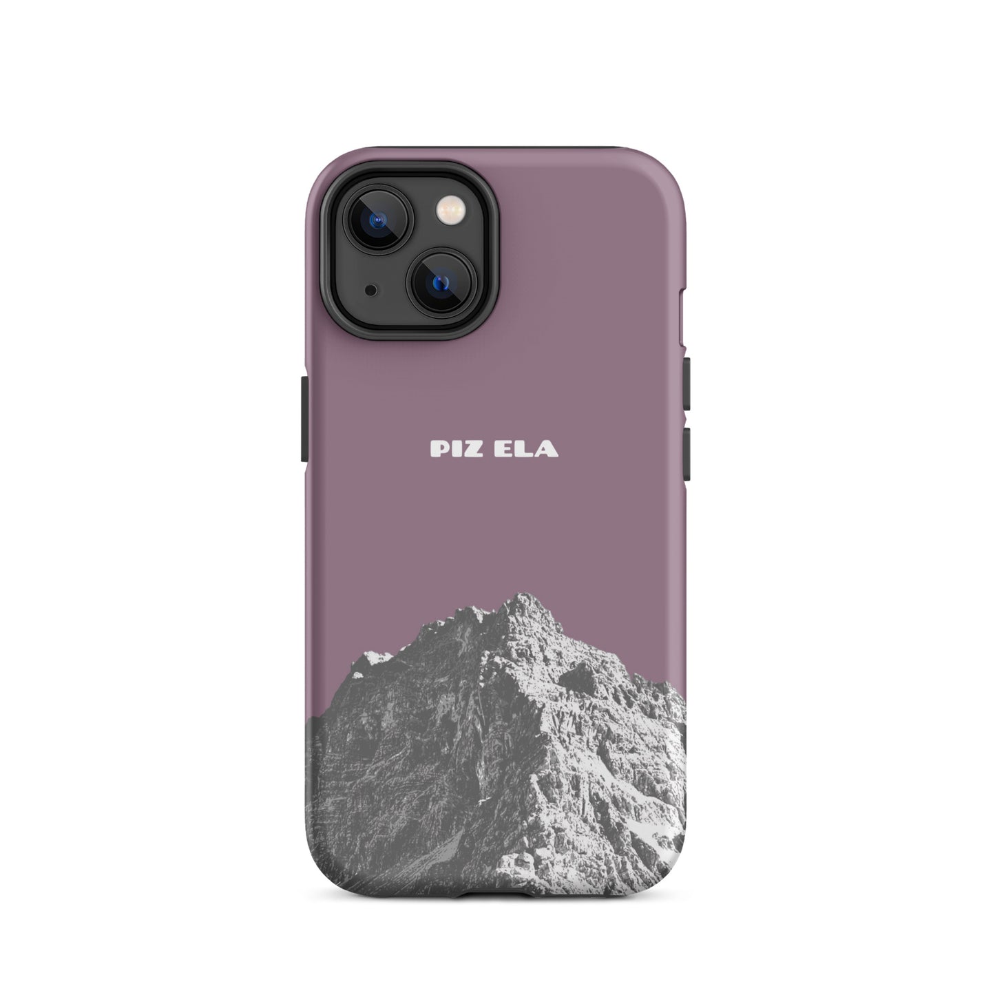 Hülle für das iPhone 14 von Apple in der Farbe Pastellviolett, dass den Piz Ela in Graubünden zeigt.