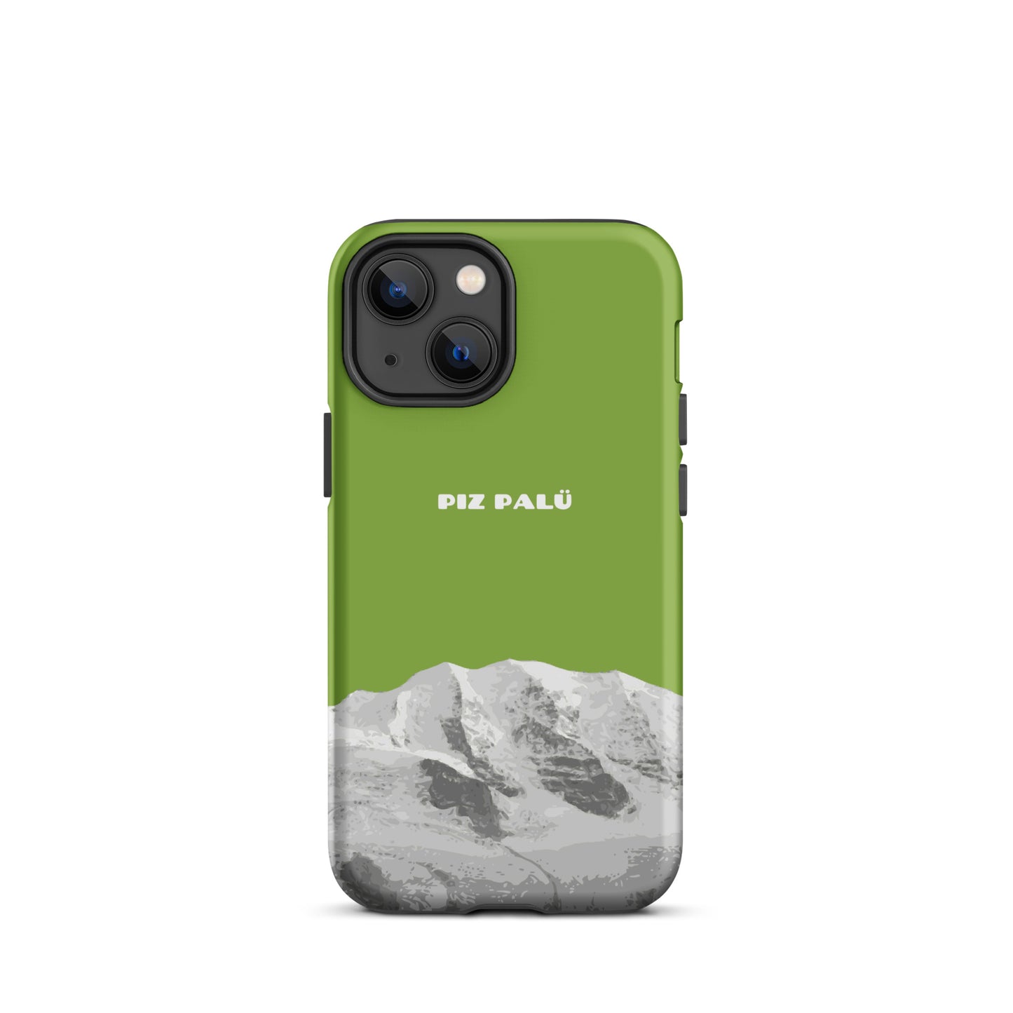 Gelbgrüne iPhone 13 mini Hülle mit Piz Palü Motiv aus Graubünden, robustes Design.