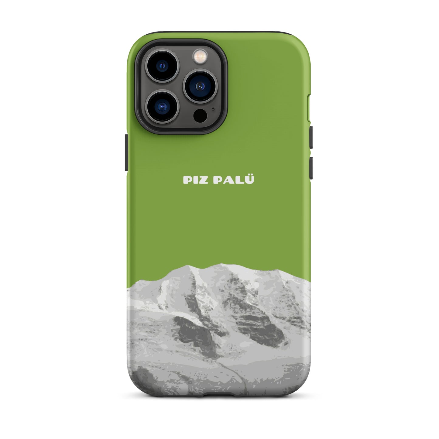 Gelbgrüne iPhone 13 Pro Max Hülle mit Piz Palü Motiv aus Graubünden, robustes Design.