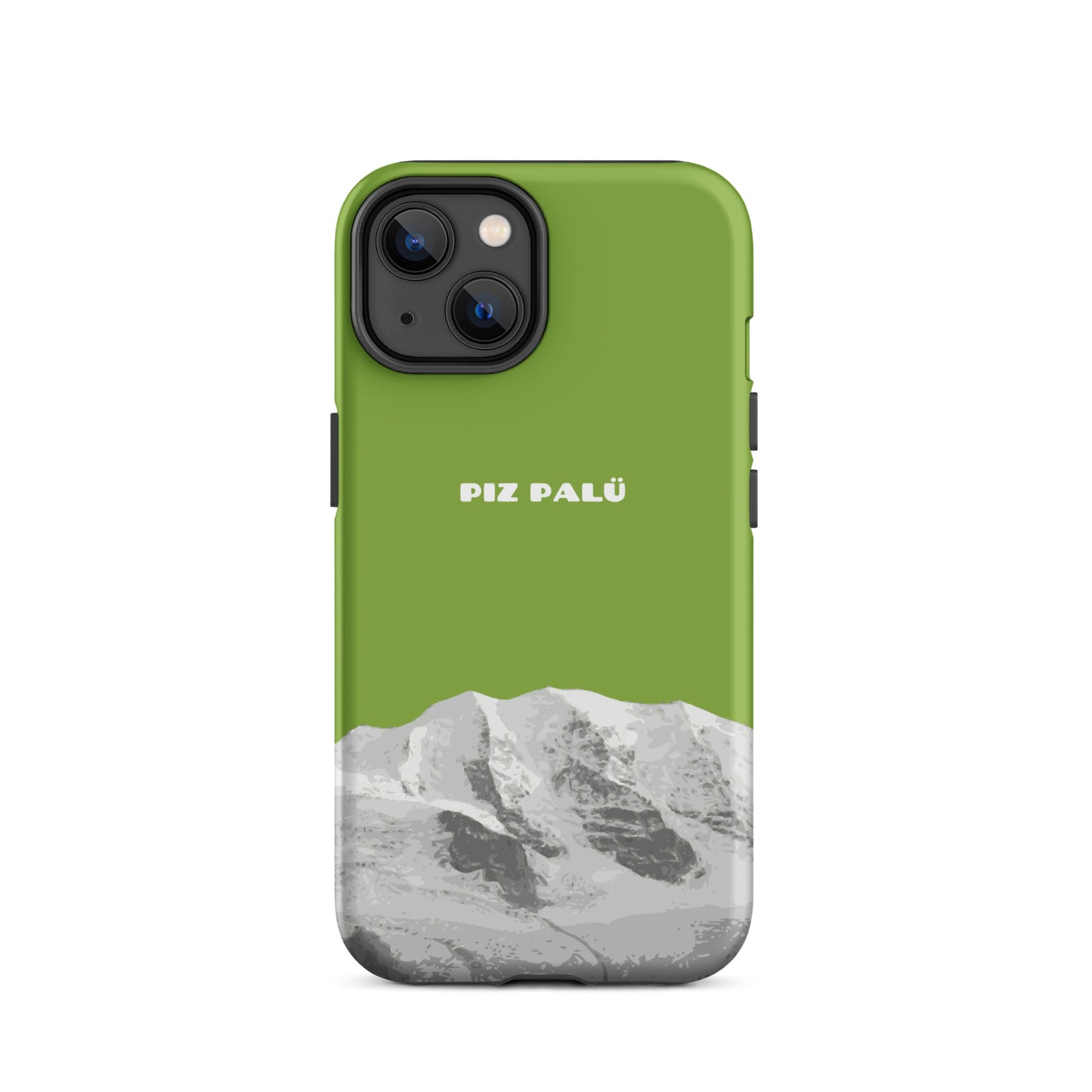 Gelbgrüne iPhone 14 Hülle mit Piz Palü Motiv aus Graubünden, robustes Design.