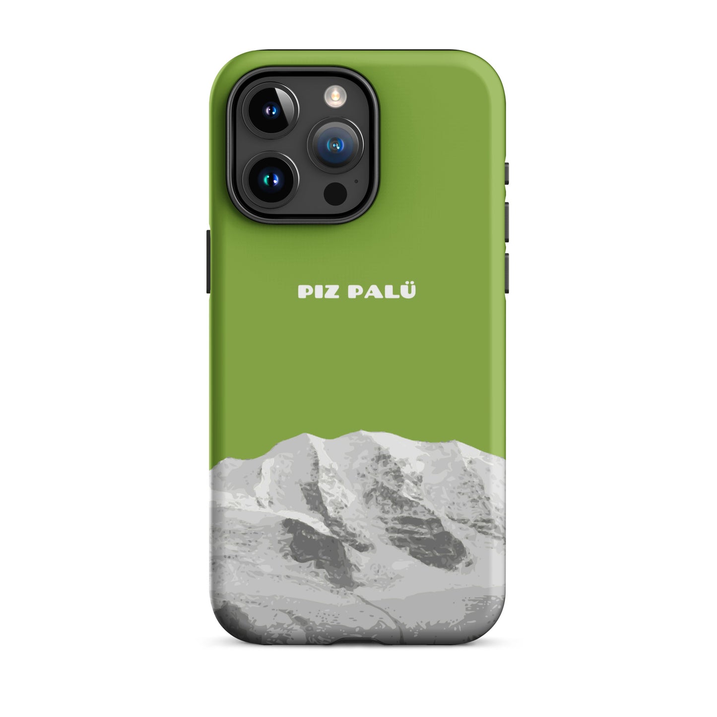 Gelbgrüne iPhone 15 Pro Max Hülle mit Piz Palü Motiv aus Graubünden, robuste Silikonhülle.