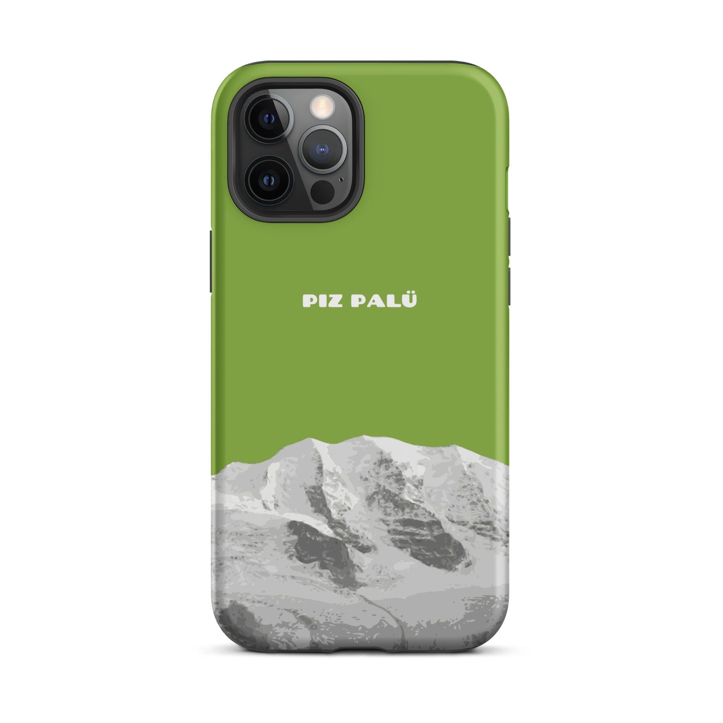 Gelbgrüne iPhone 12 Pro Max Hülle mit Piz Palü Motiv aus Graubünden, robustes Design.