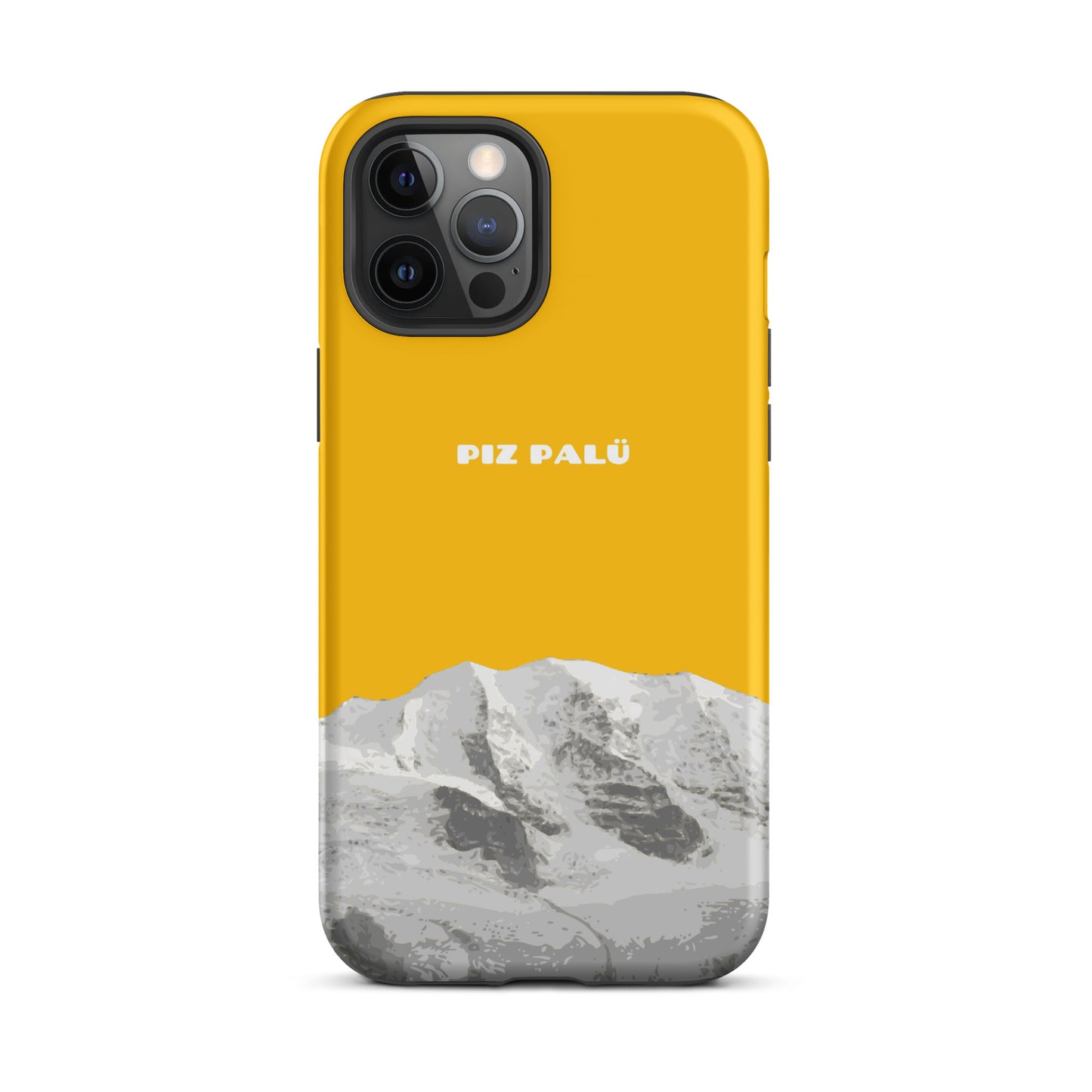 Goldgelbe iPhone 12 Pro Max Hülle mit Piz Palü Motiv aus Graubünden, Schweiz.
