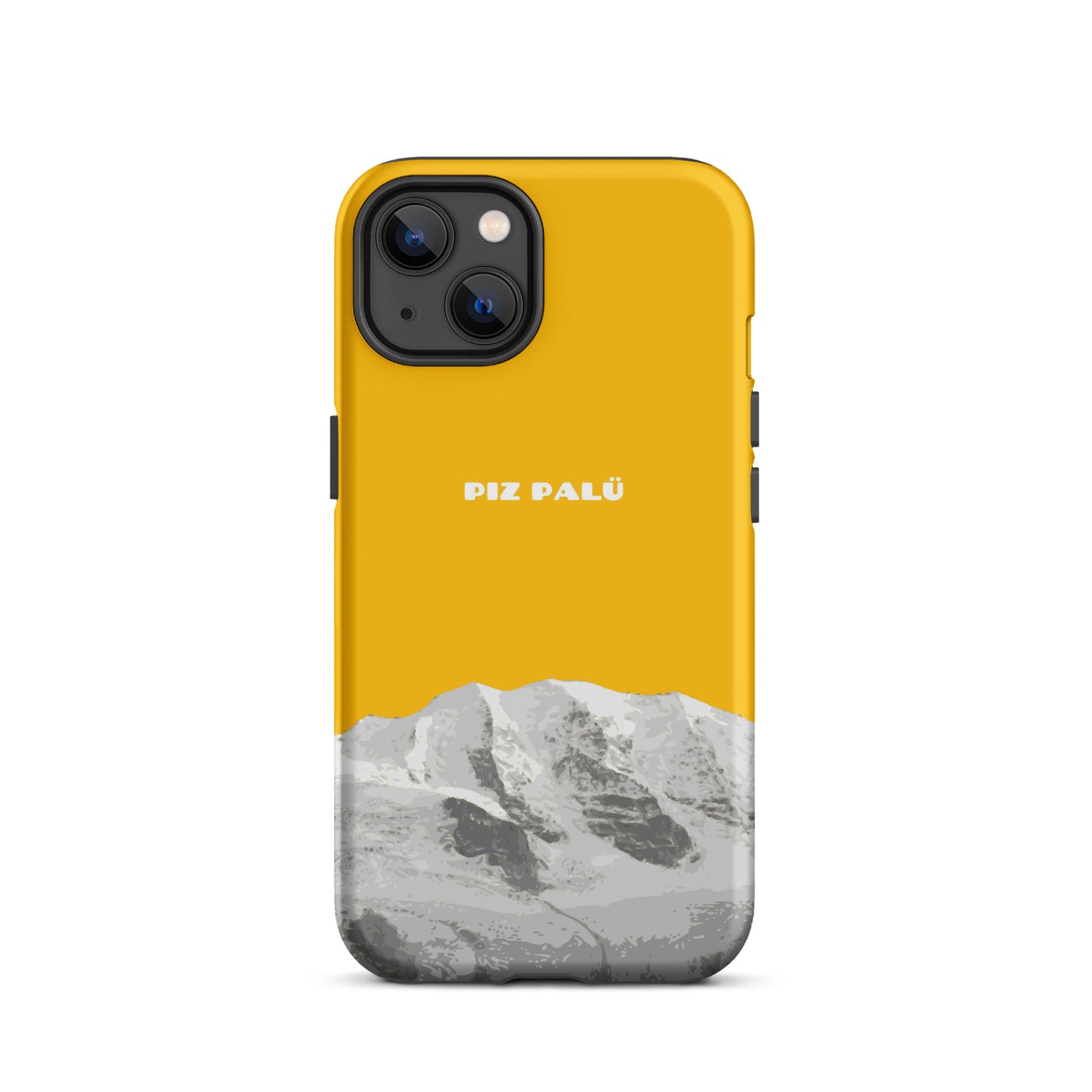 iPhone 13 Hülle in Goldgelb mit Piz Palü Motiv aus Graubünden, schützende Handyhülle.