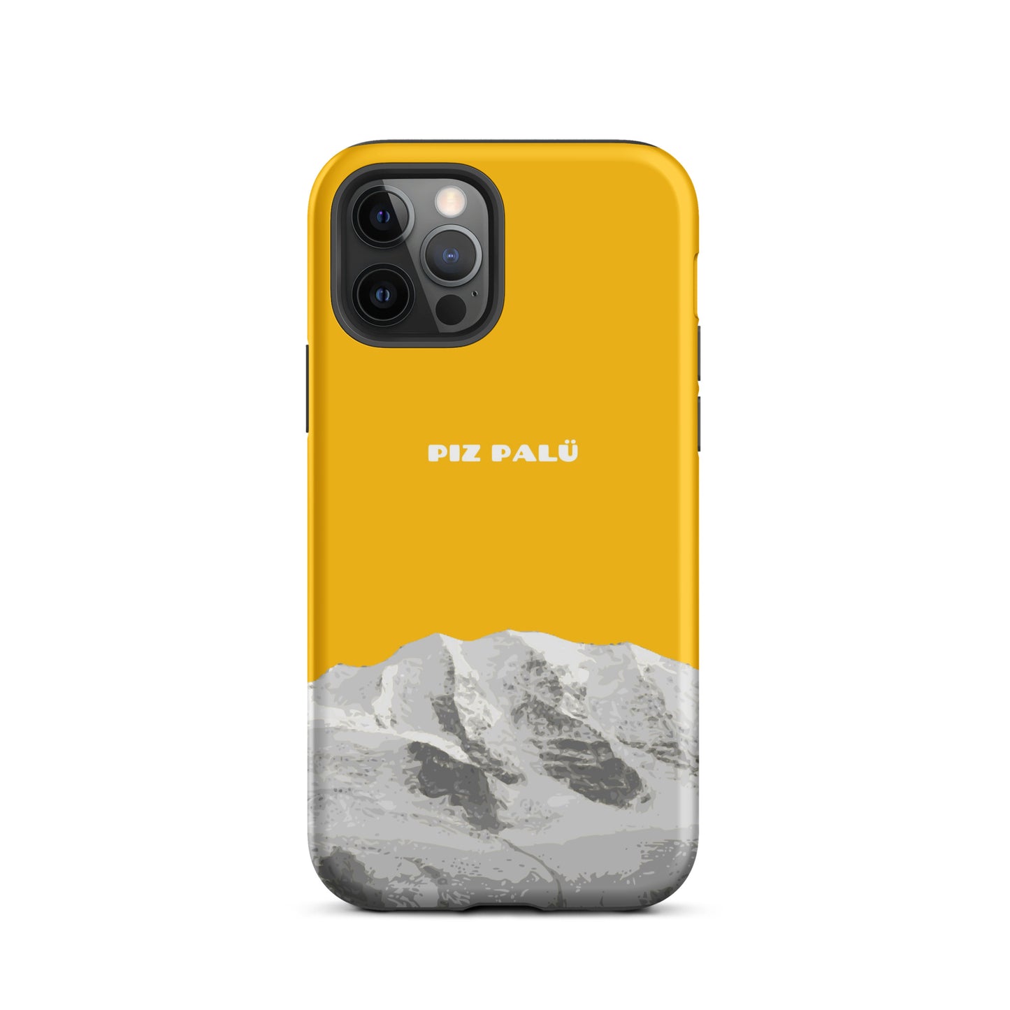 Goldgelbe iPhone 12 Pro Hülle mit Piz Palü Motiv aus Graubünden, Schweiz.
