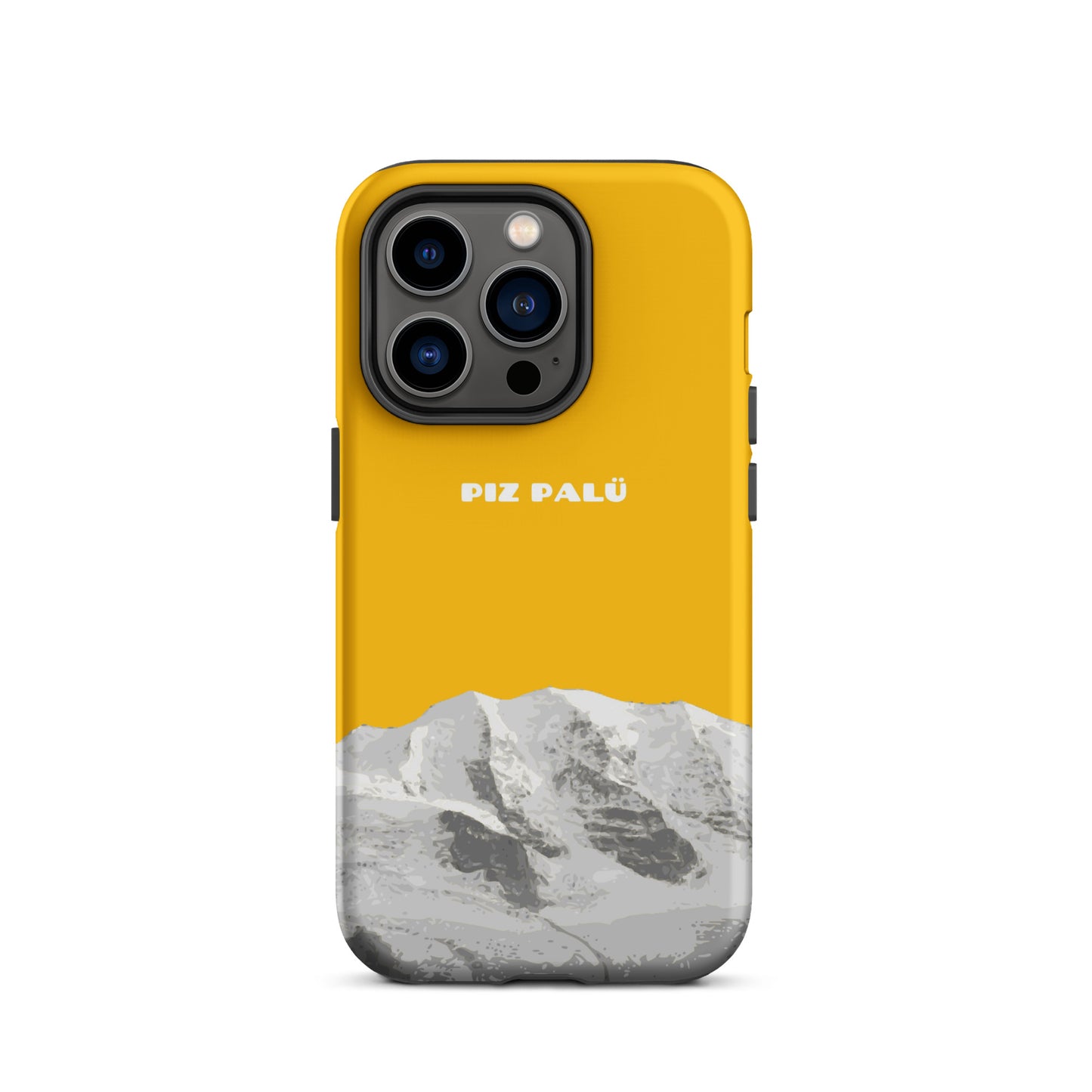 Goldgelbe iPhone 14 Pro Handyhülle mit Piz Palü Motiv aus Graubünden.