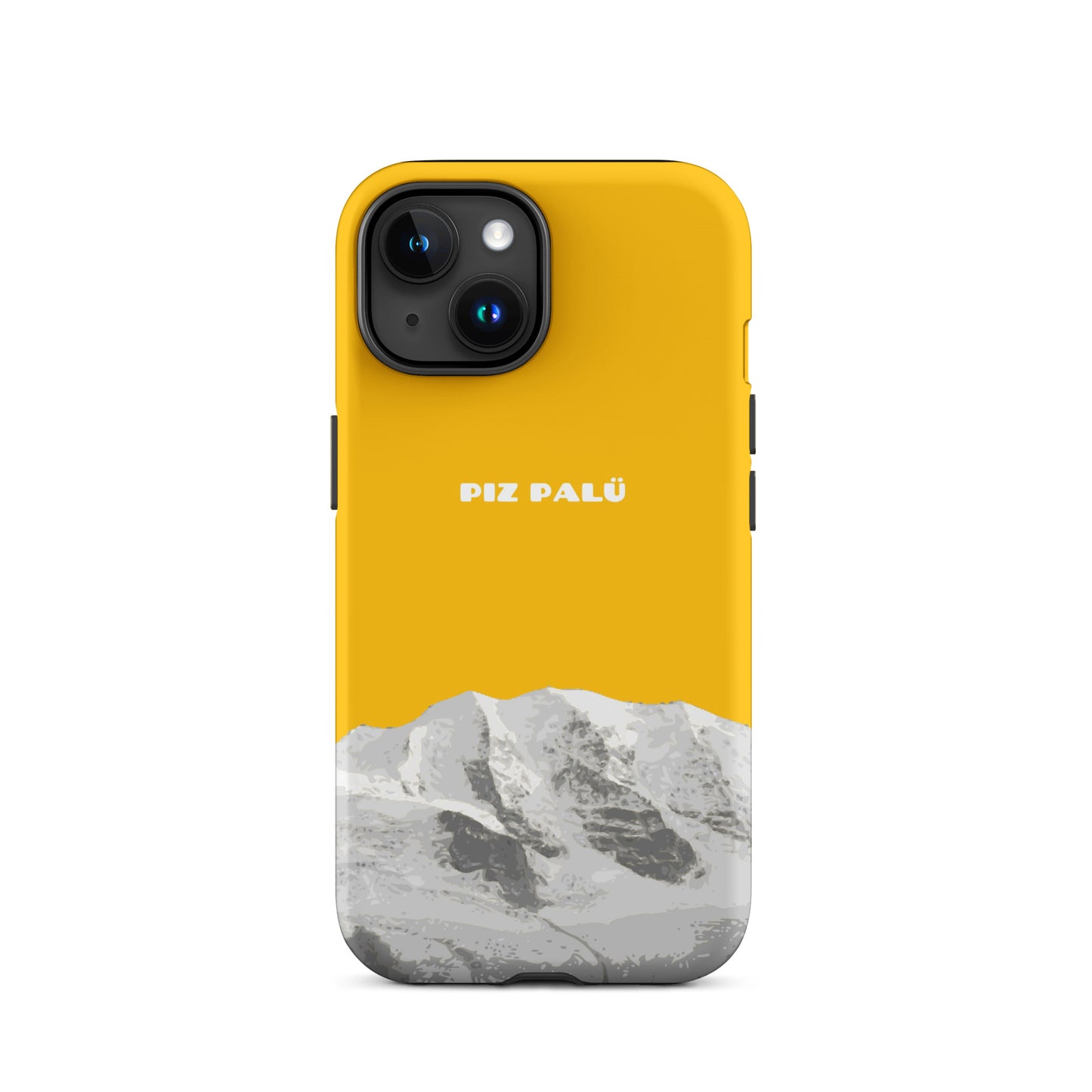 Goldgelbe iPhone 15 Hülle mit Piz Palü Motiv aus Graubünden.