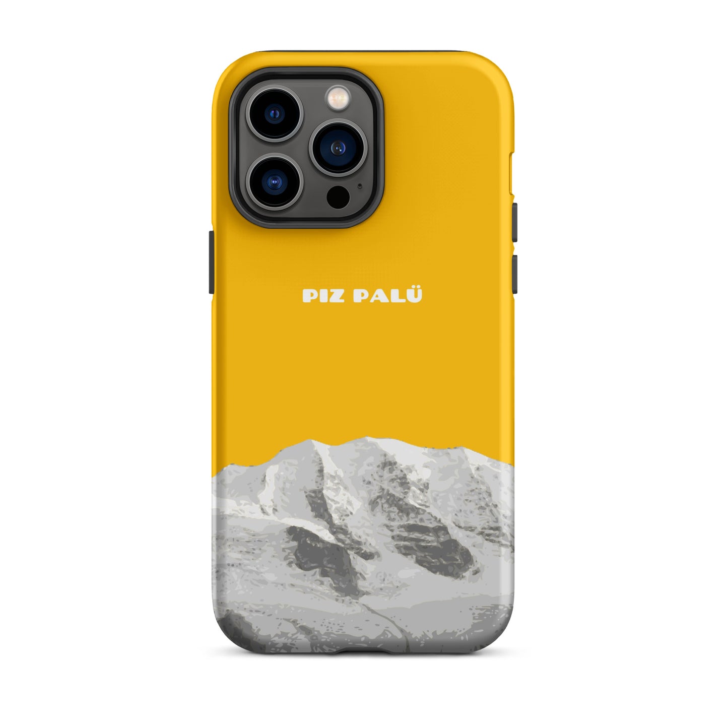 Goldgelbe iPhone 14 Pro Max Hülle mit Piz Palü Motiv aus Graubünden, hochwertiges Material, präzise Passform.