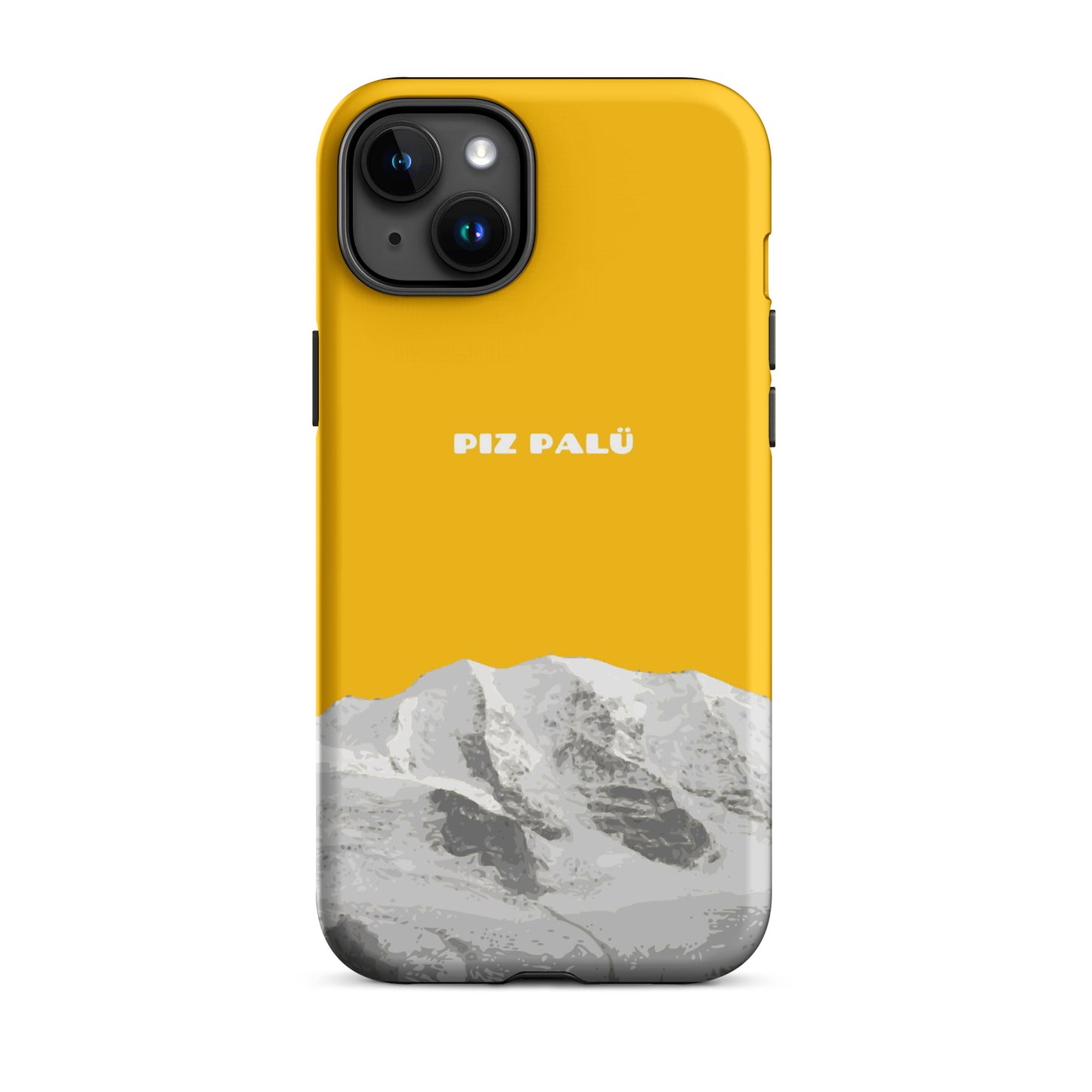 Goldgelbe iPhone 15 Plus Hülle mit Piz Palü Motiv aus Graubünden.