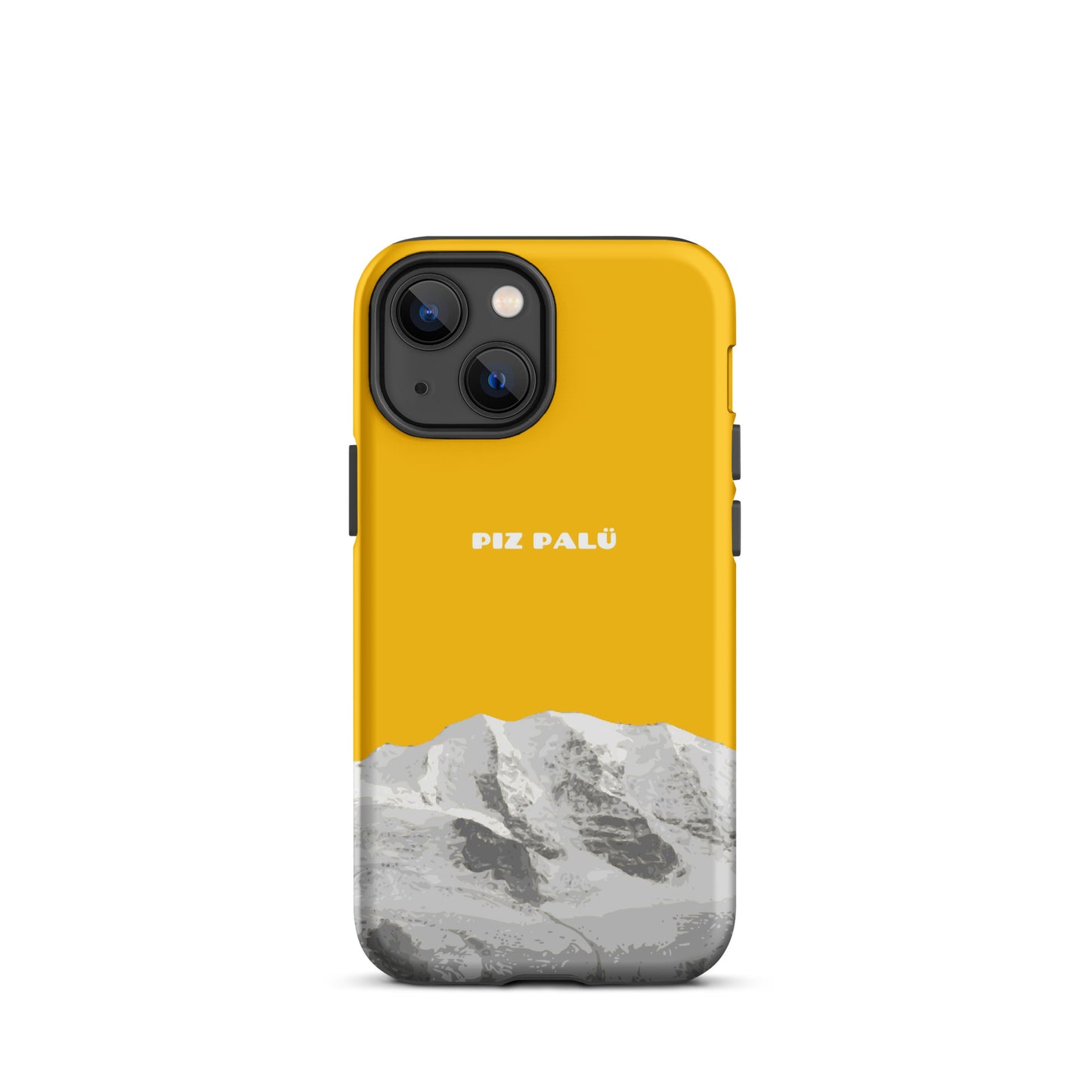 Goldgelbe iPhone 13 mini Hülle mit Piz Palü Motiv aus Graubünden.
