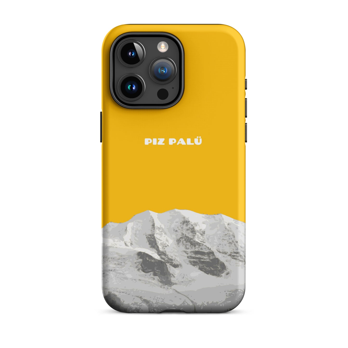 Goldgelbe iPhone 15 Pro Max Hülle mit Piz Palü Motiv aus Graubünden, schützende Silikonhülle.